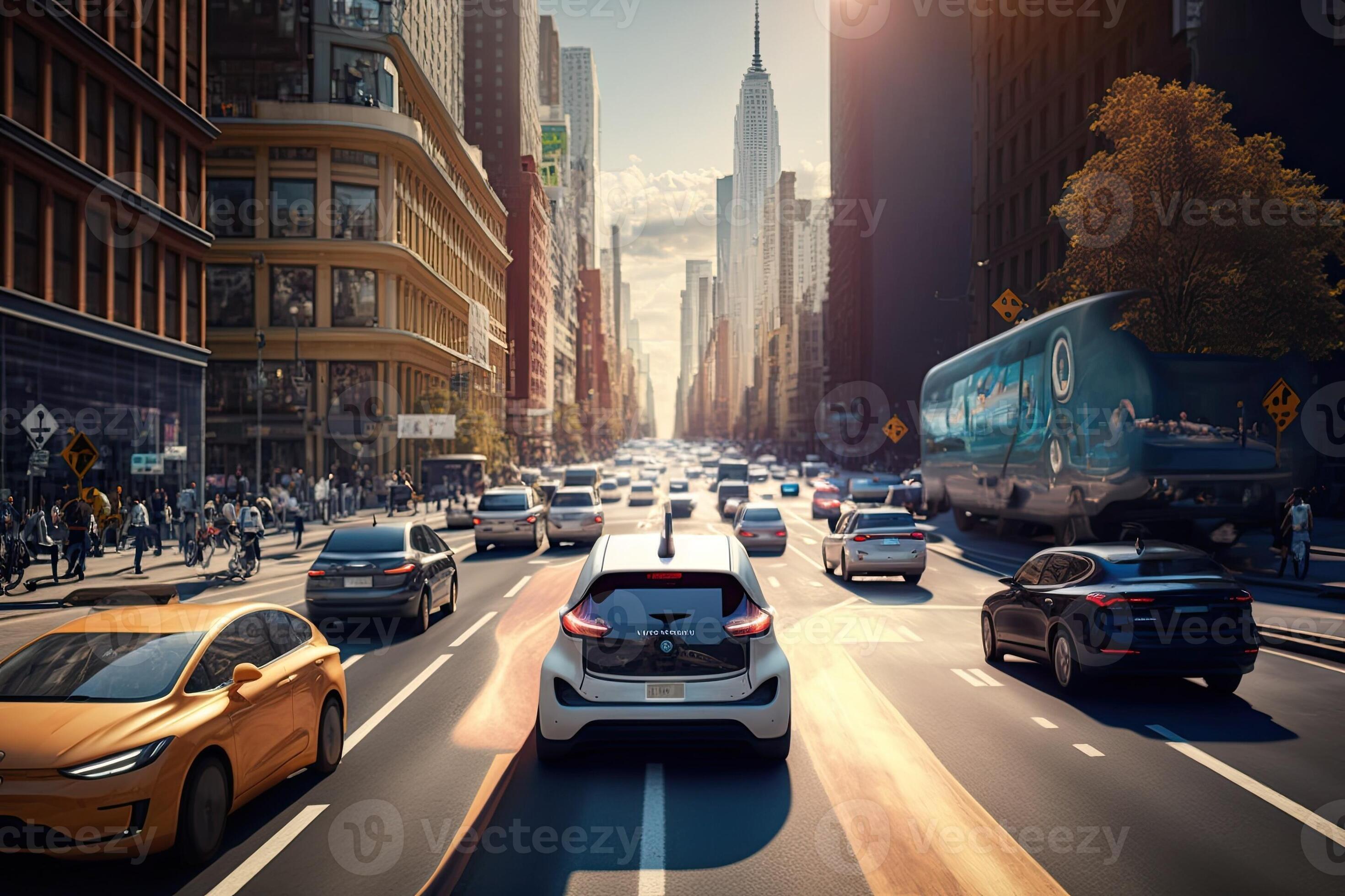 A self driving car navigating through city. Technology iot. Smart city 