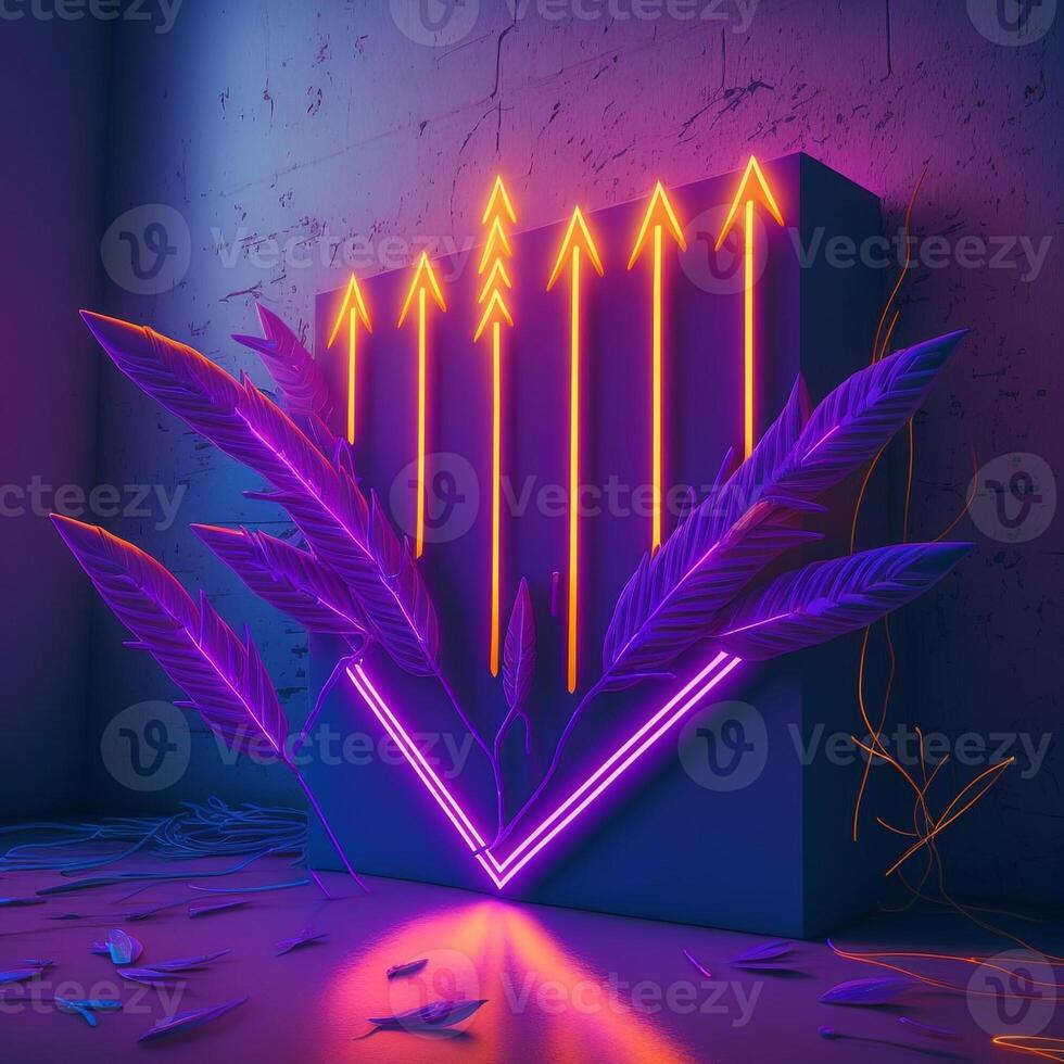 Neon arrow lamps on wall. Purple blue light. Vaporwave illustration. photo