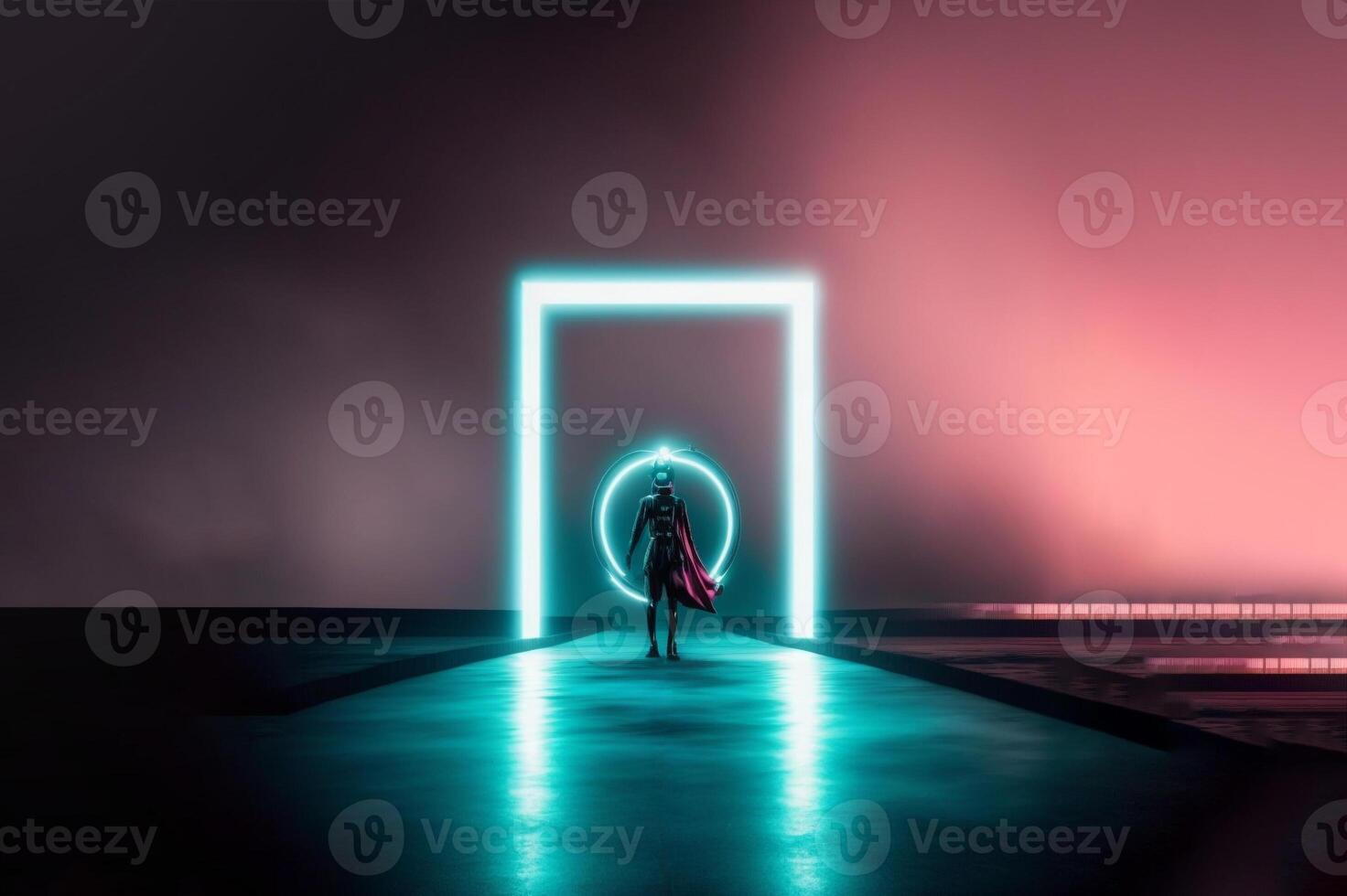 Astronaut in space standing behind neon frame. Blue space silhouette in retro style on light background. Space silhouette neon blue light. photo