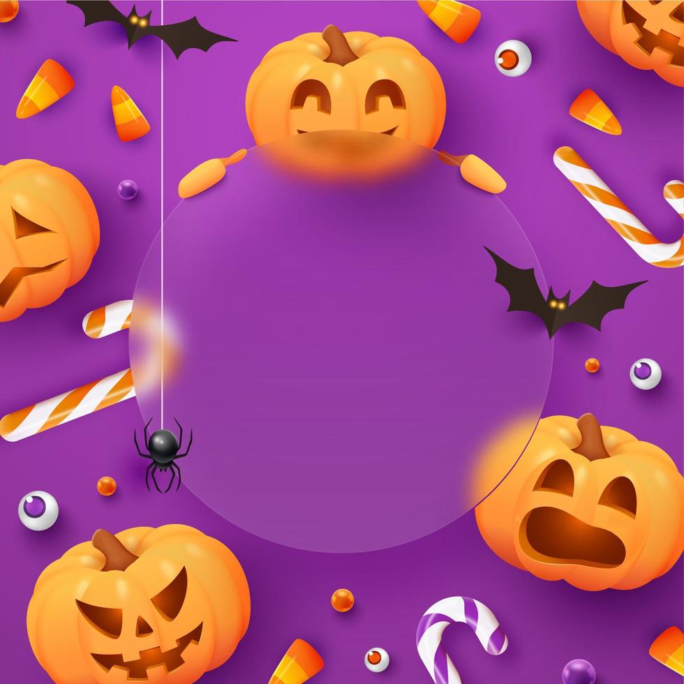 Halloween banner with candies, spiders, bats and pumpkins on violet background. Glassmorphism effect. Halloween banner template with Jack O Lantern pumpkins vector