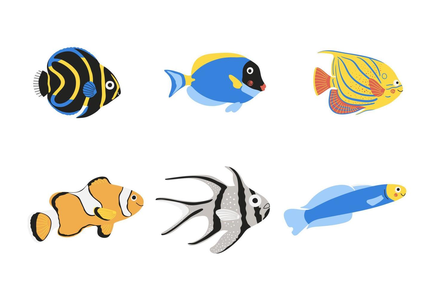 Hand drawn tropic fish set. Cartoon vector characters. Kids illustration