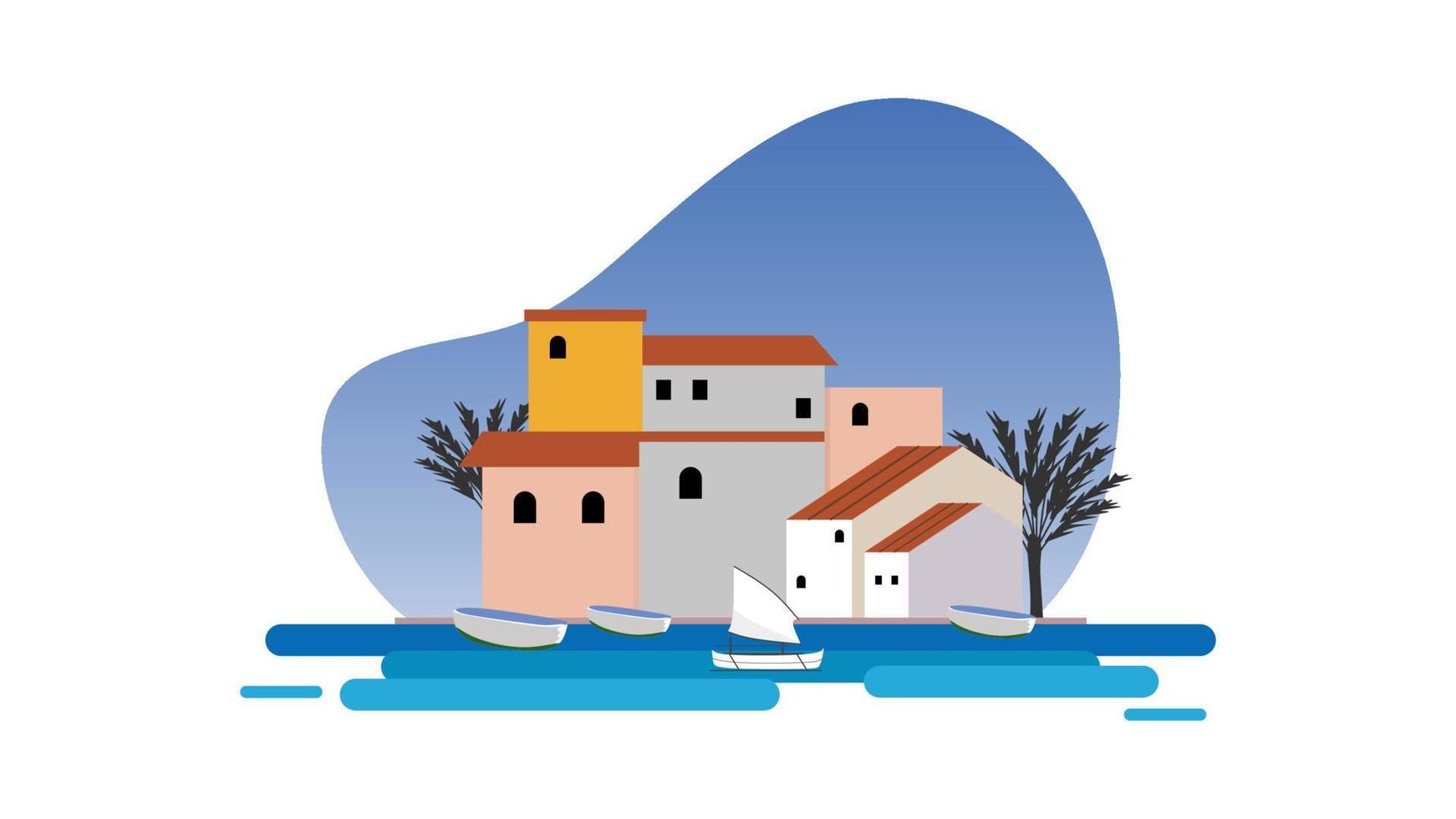 Spanish Coastal Architecture and Boats in Vector Illustration