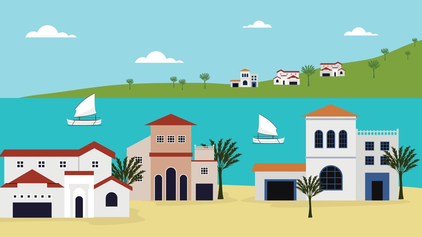 Mediterráneo casa con mar ver - vector ilustración