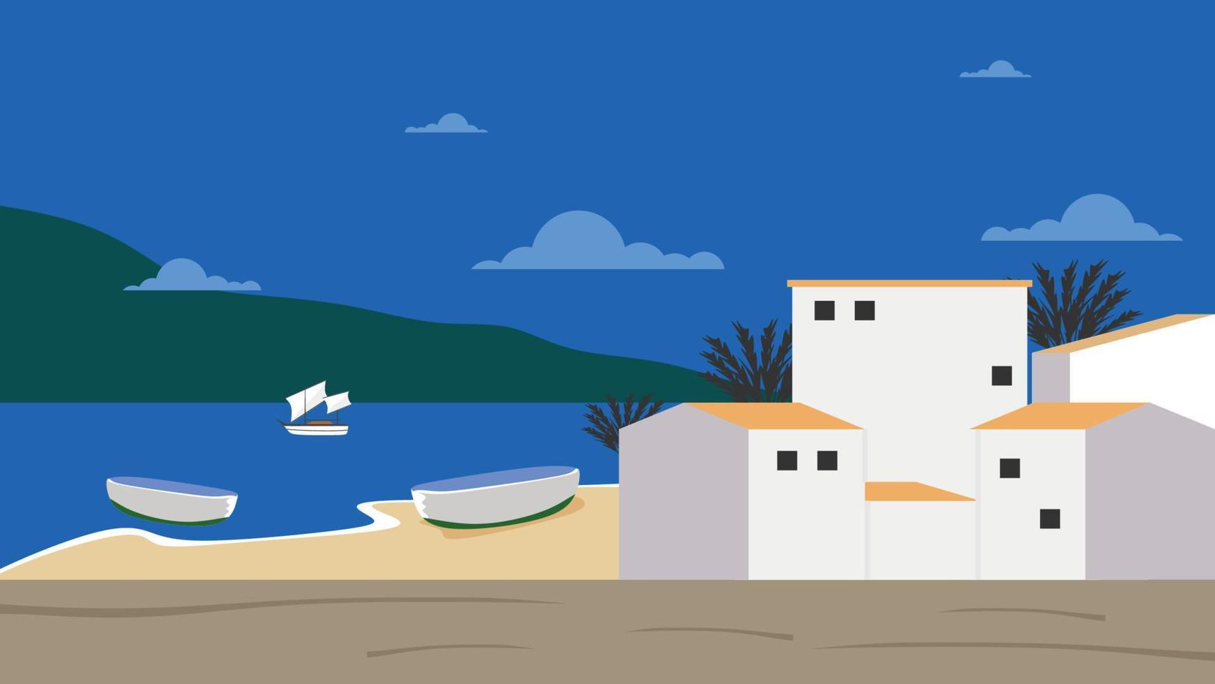 Colorful Spanish Village on the Coast Vector Illustration