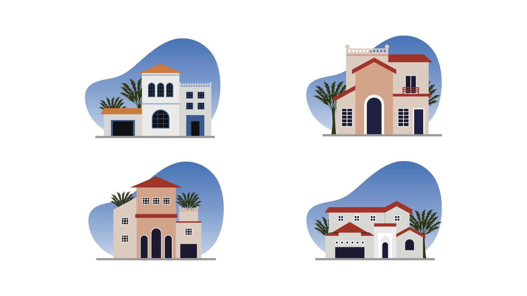 Mediterráneo casa conjunto con tradicional estilo y hermosa paisaje vector