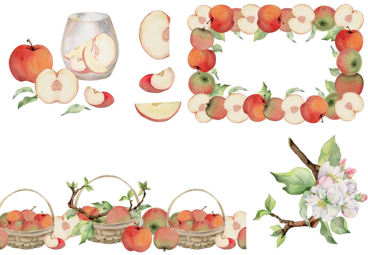 Hand drawn watercolor set with frames, wreaths and compositions. Apple fruit, flowers, leaves, branches. Isolated object on white background. Design for wall art, wedding, print, fabric, cover, card. vector