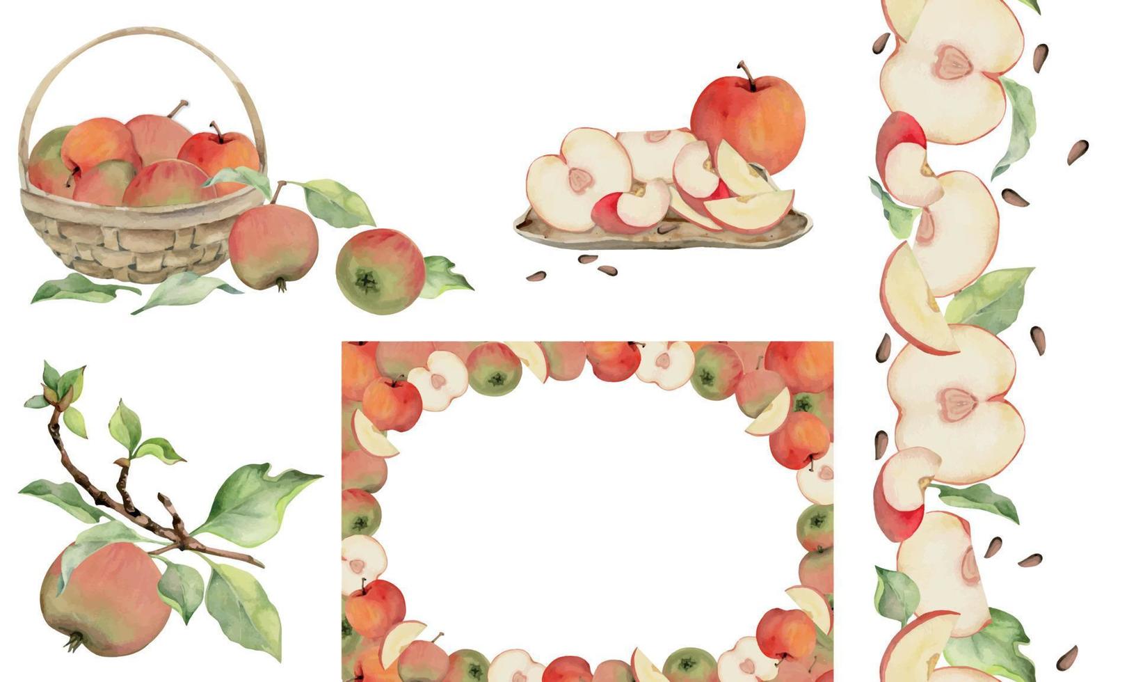 Hand drawn watercolor set with frames, wreaths and compositions. Apple fruit, flowers, leaves, branches. Isolated object on white background. Design for wall art, wedding, print, fabric, cover, card. vector