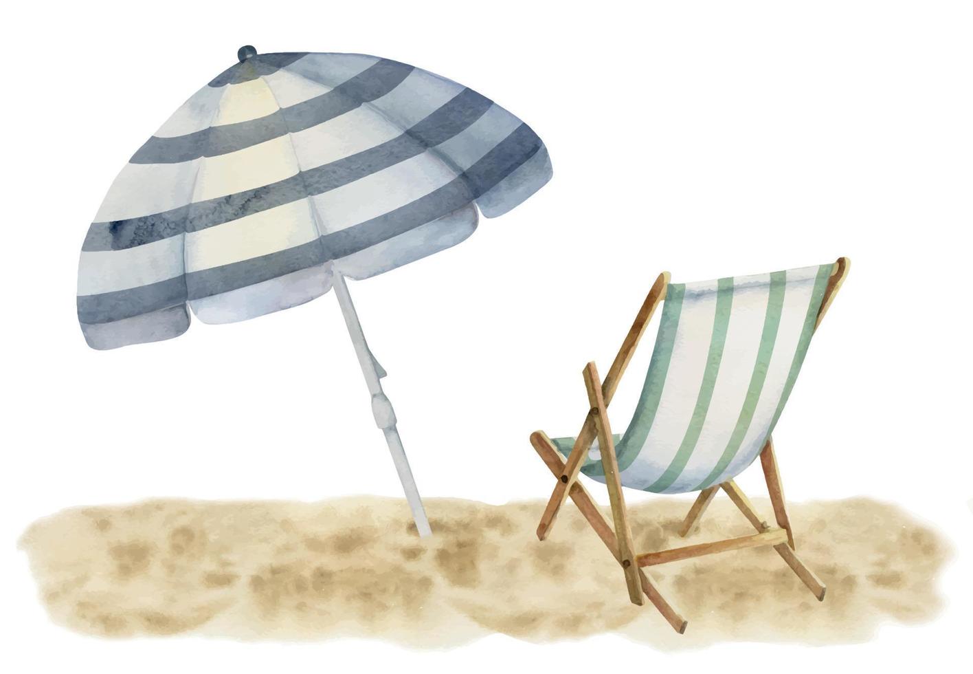 Hand drawn watercolor composition. Striped beach accessories, umbrellas and chairs on sand. Isolated on white background. Design wall art, wedding, print, fabric, cover, card, tourism, travel booklet. vector