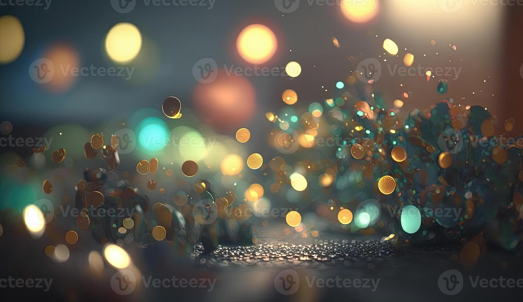 Multi-colored bright confetti on a backdrop with bokeh effect. Abstract glamour texture for holiday party. . photo