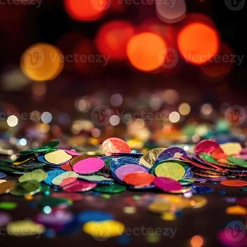 Multi-colored bright confetti on a backdrop with bokeh effect. Abstract glamour texture for holiday party. . photo