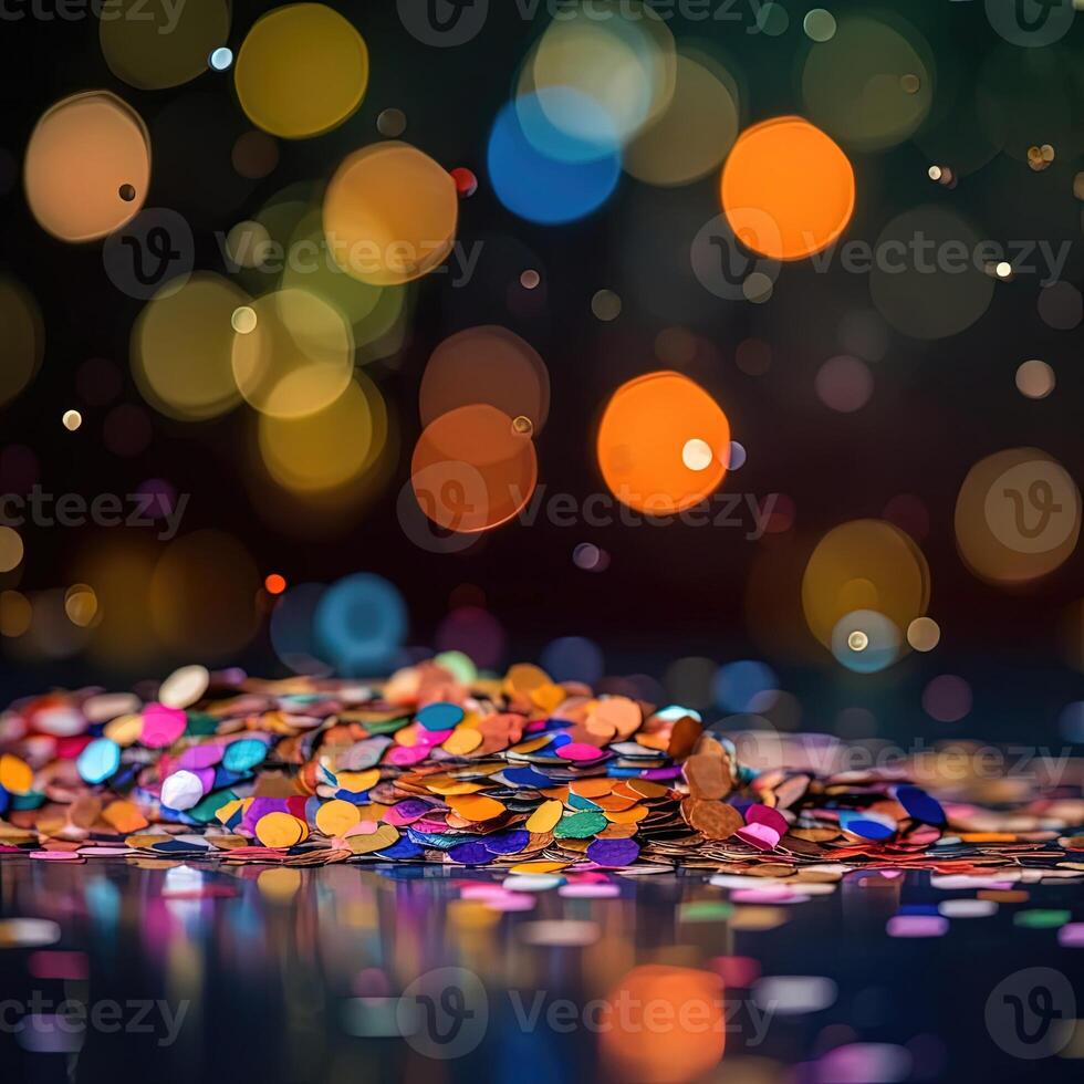 Multi-colored bright confetti on a backdrop with bokeh effect. Abstract glamour texture for holiday party. . photo