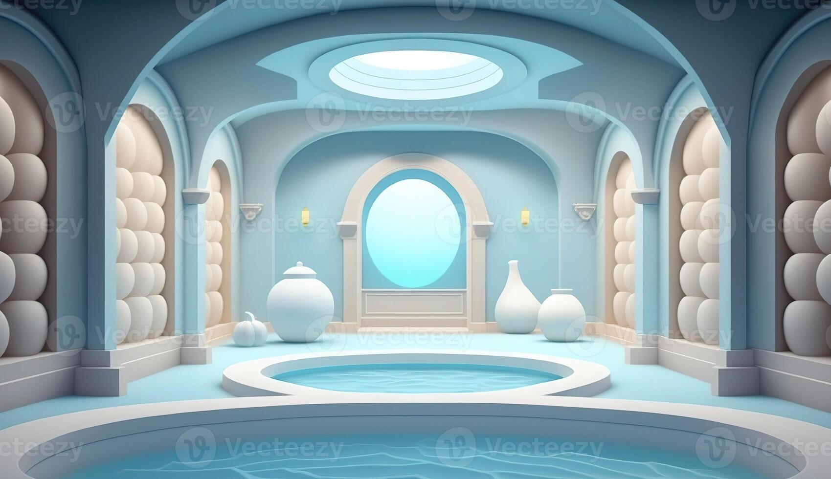 Elegant luxury royal wellness bathtub spa interior, poster for spa center or roman bath in cartoon style. . photo