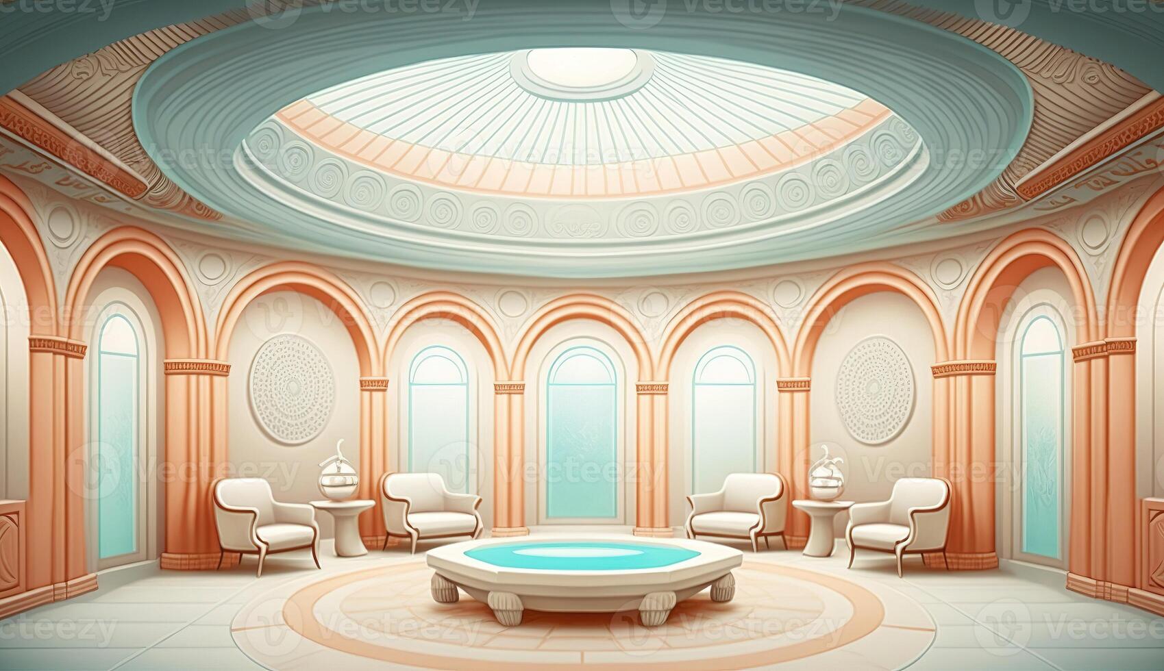 Elegant luxury royal wellness bathtub spa interior, poster for spa center or roman bath in cartoon style. . photo