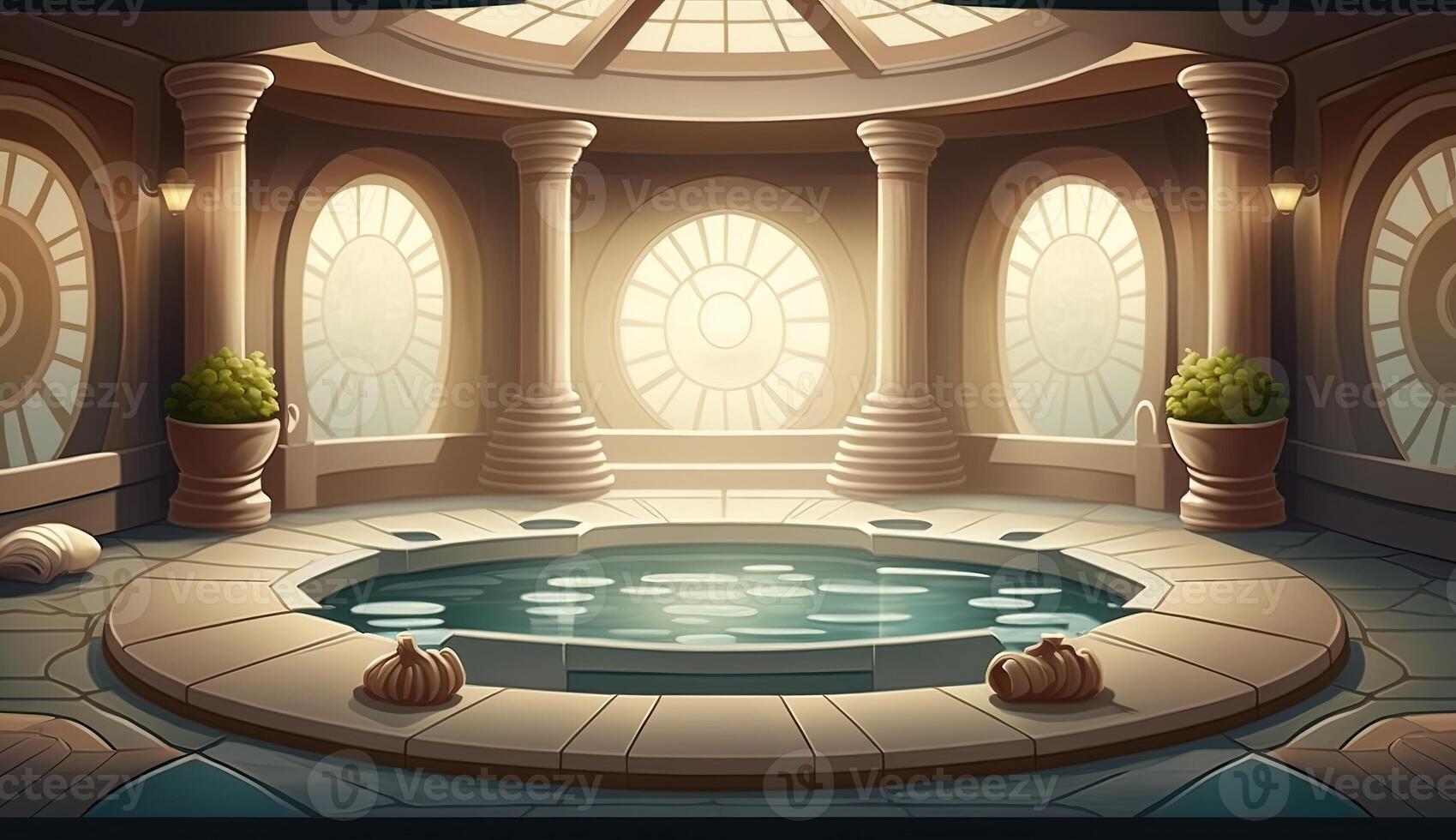 Elegant luxury royal wellness bathtub spa interior, poster for spa center or roman bath in cartoon style. . photo