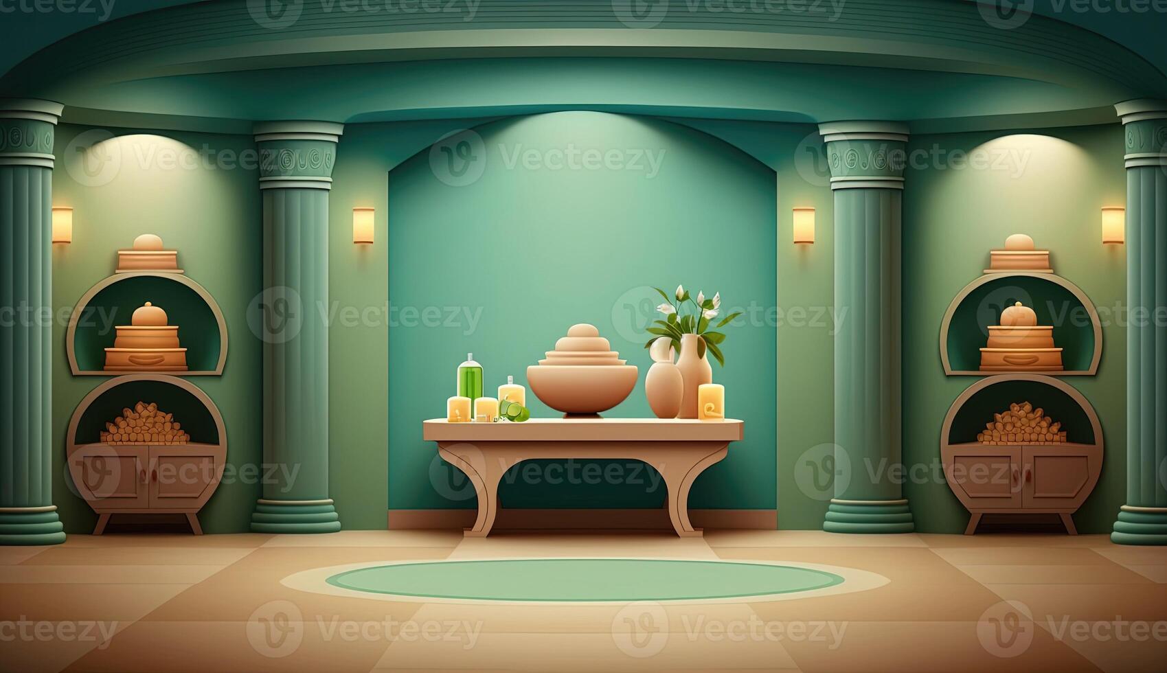 Elegant luxury royal wellness bathtub spa interior, poster for spa center or roman bath in cartoon style. . photo