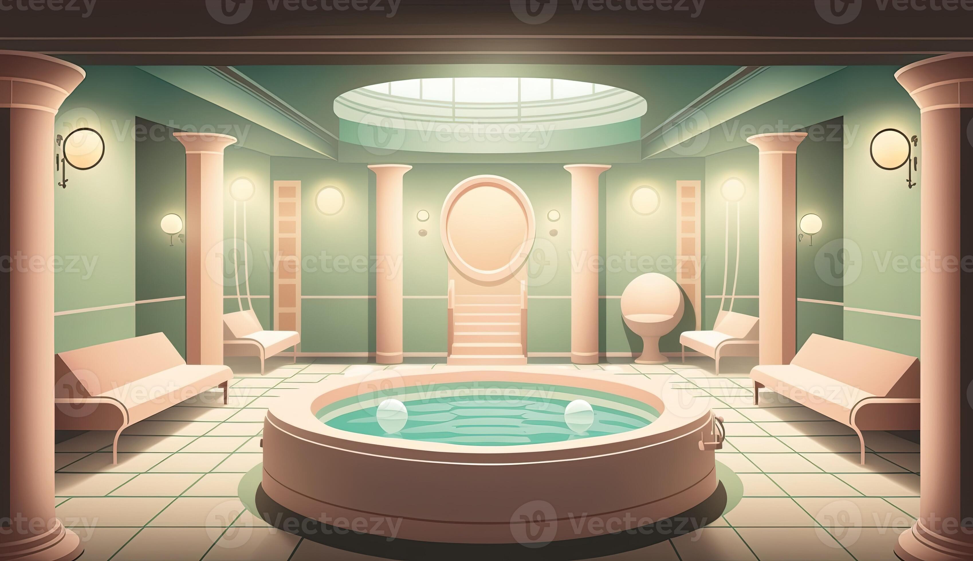 Elegant luxury royal wellness bathtub spa interior, poster for spa center  or roman bath in cartoon style. Ai generated. 22035250 Stock Photo at  Vecteezy
