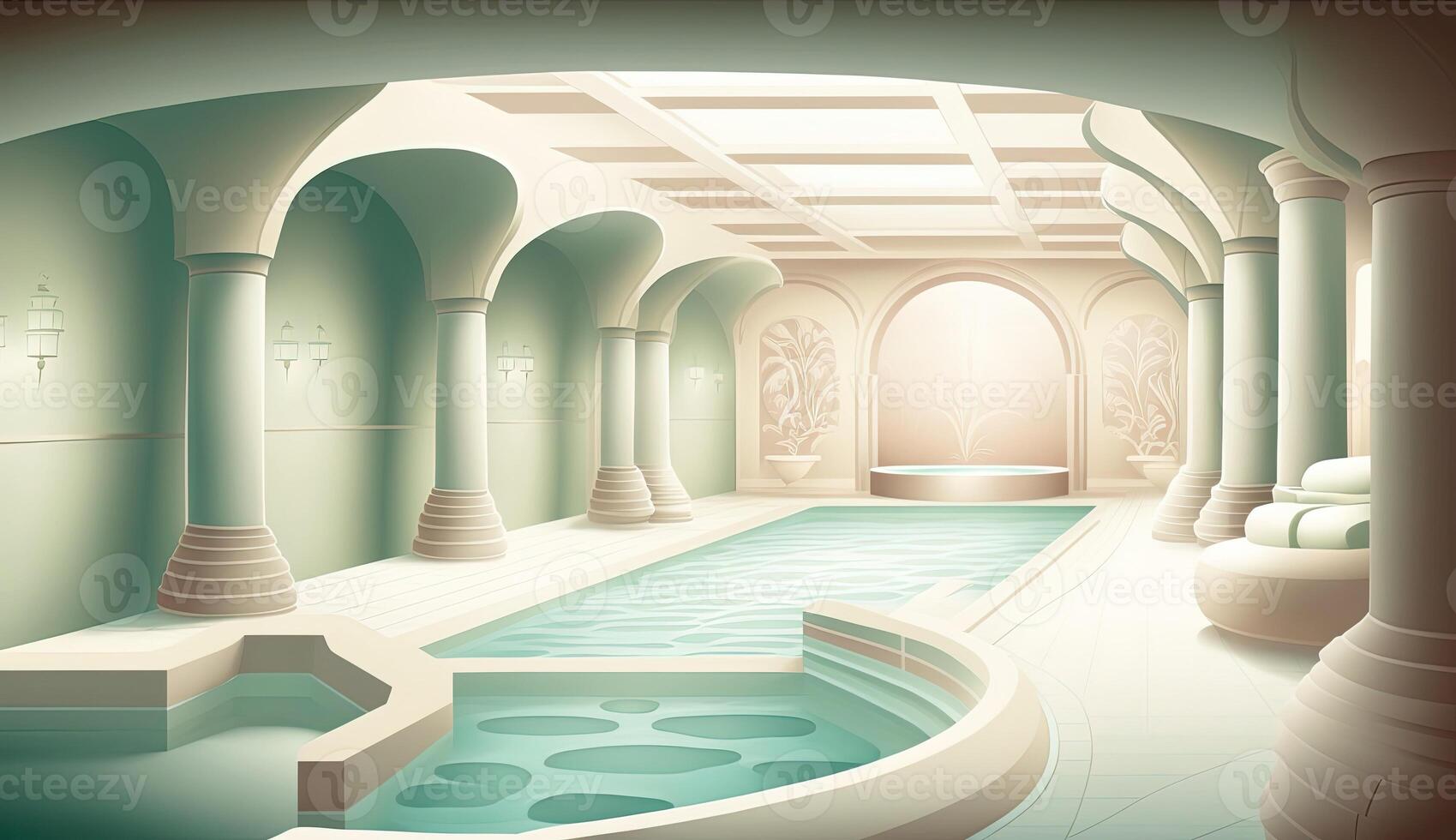 Elegant luxury royal wellness bathtub spa interior, poster for spa center or roman bath in cartoon style. . photo