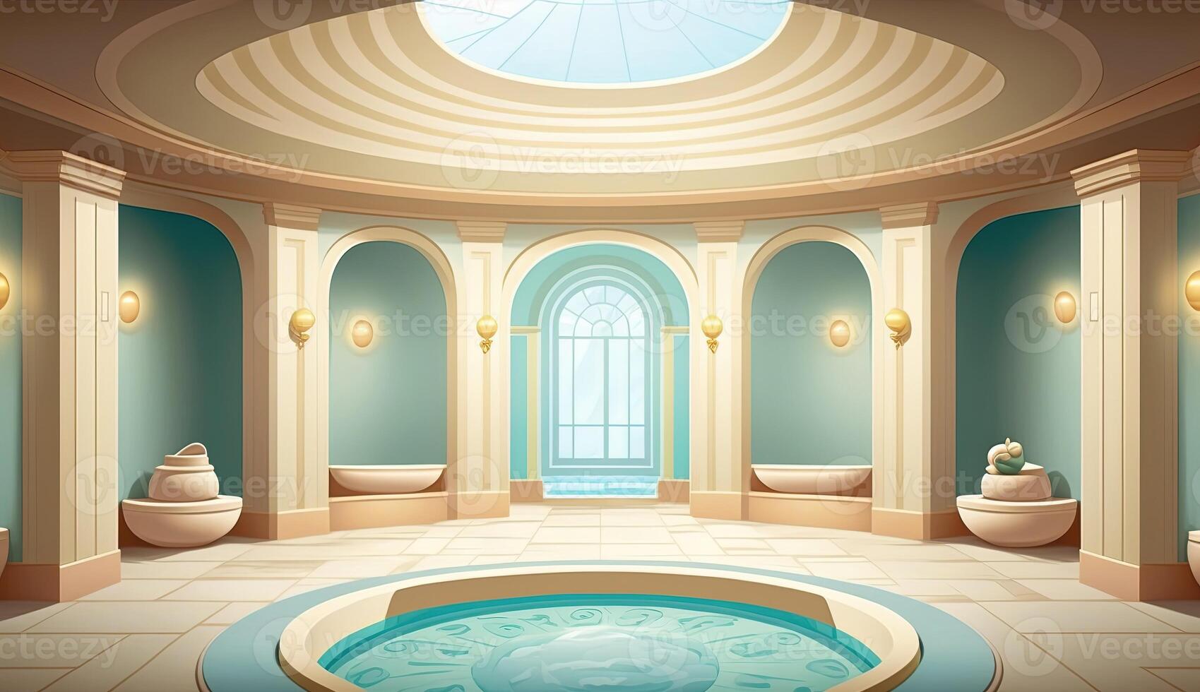 Elegant luxury royal wellness bathtub spa interior, poster for spa center or roman bath in cartoon style. . photo