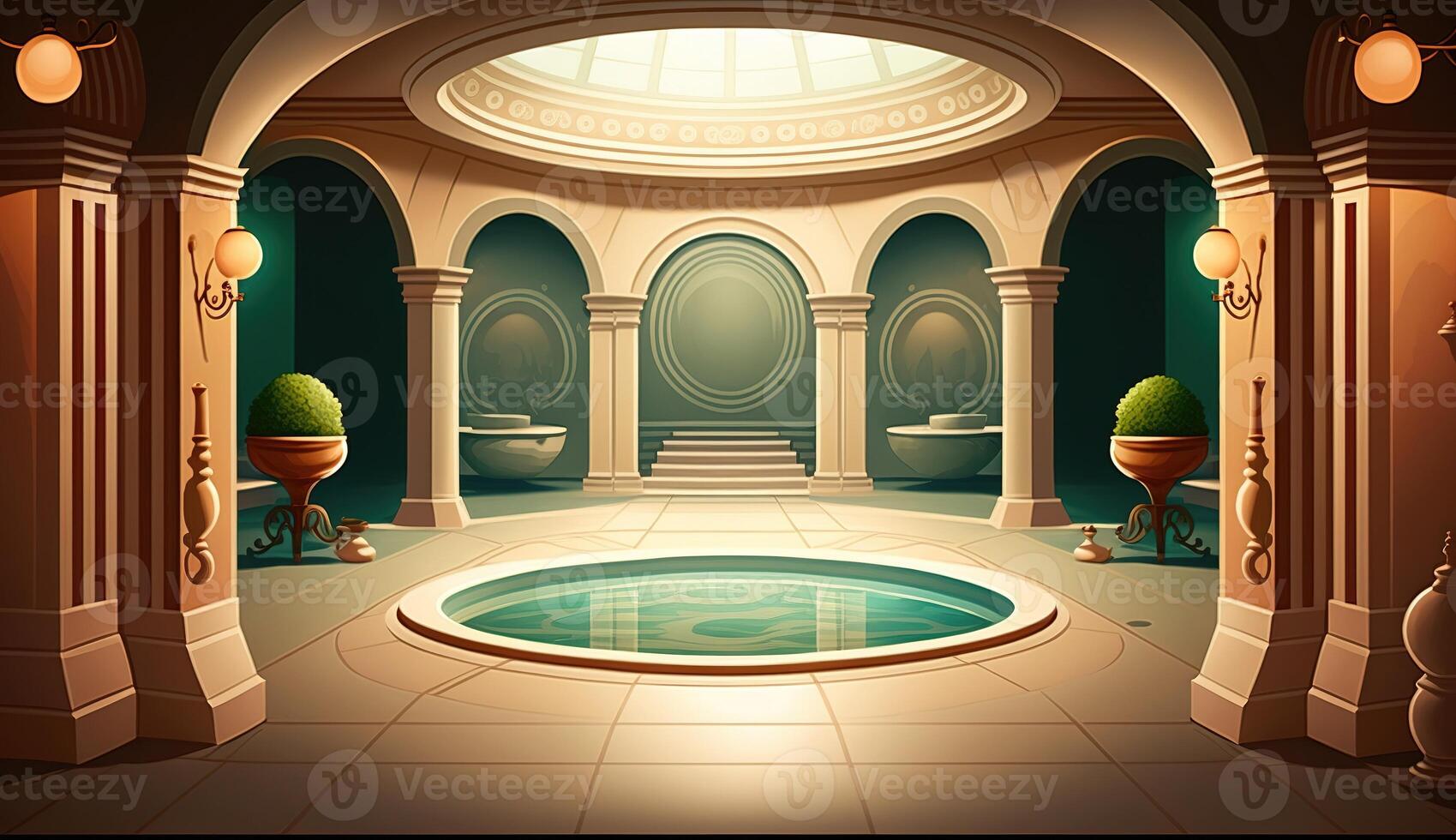 elegante lujo real bienestar bañera spa interior, póster para spa centrar o romano bañera en dibujos animados estilo. ai generado. foto