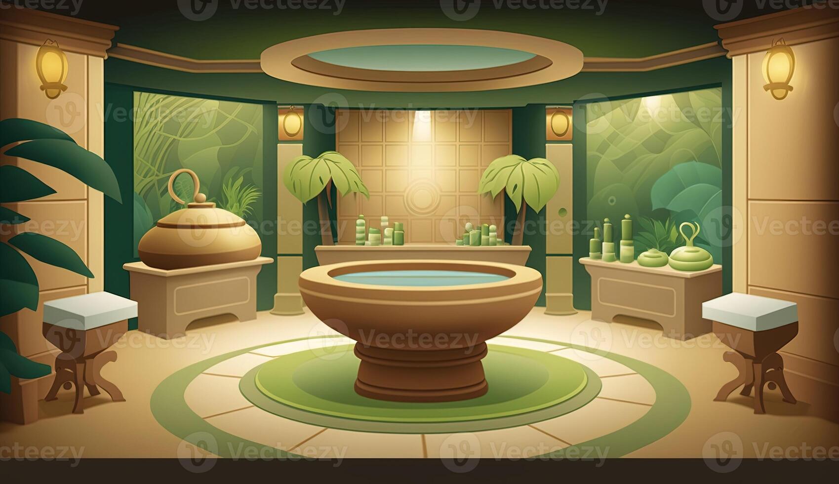 Elegant luxury royal wellness bathtub spa interior, poster for spa center or roman bath in cartoon style. . photo