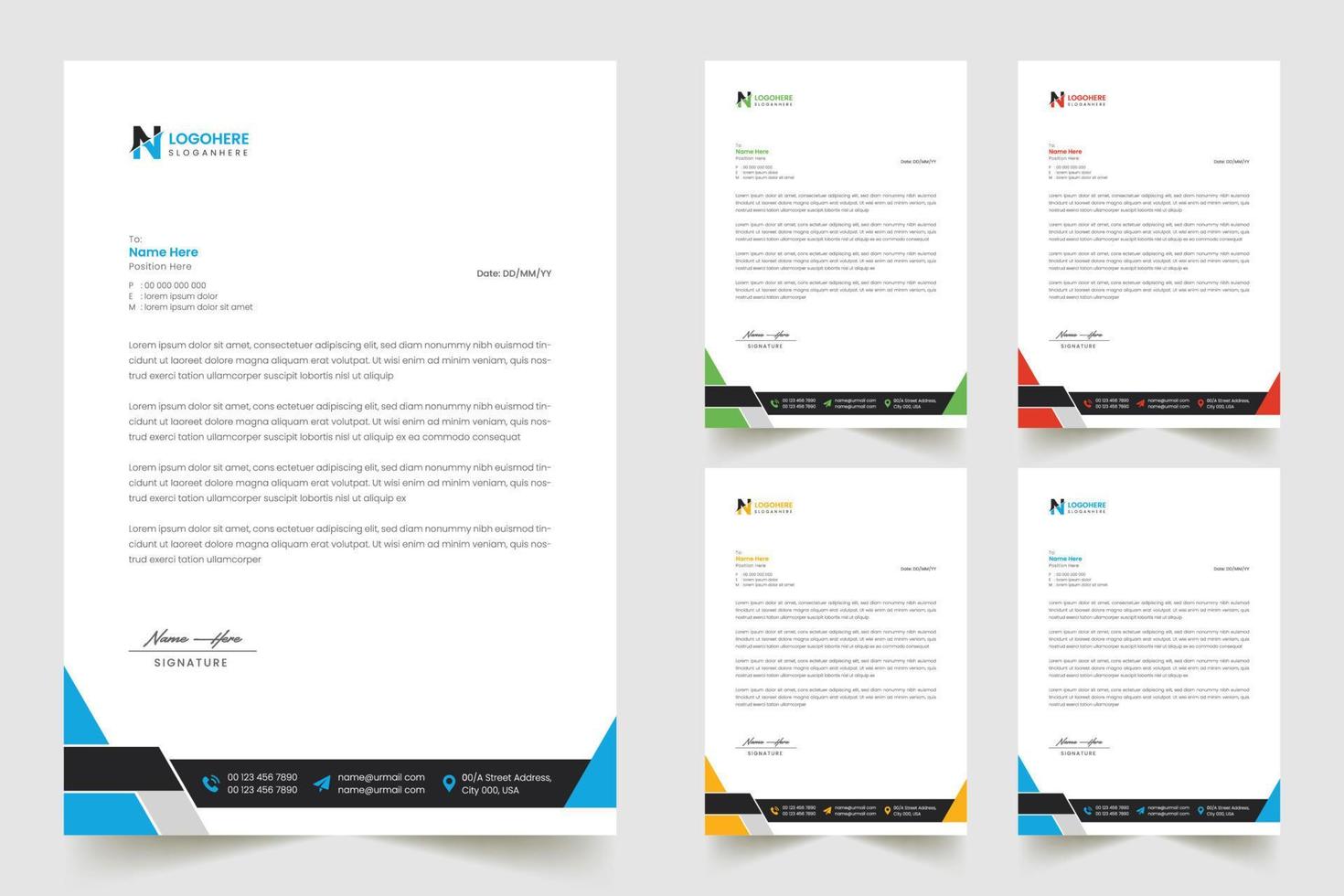 Multipurpose corporate businesses template with a4 size. a stationery item with modern letterhead. green, blue, red, and yellow with four color variations vector