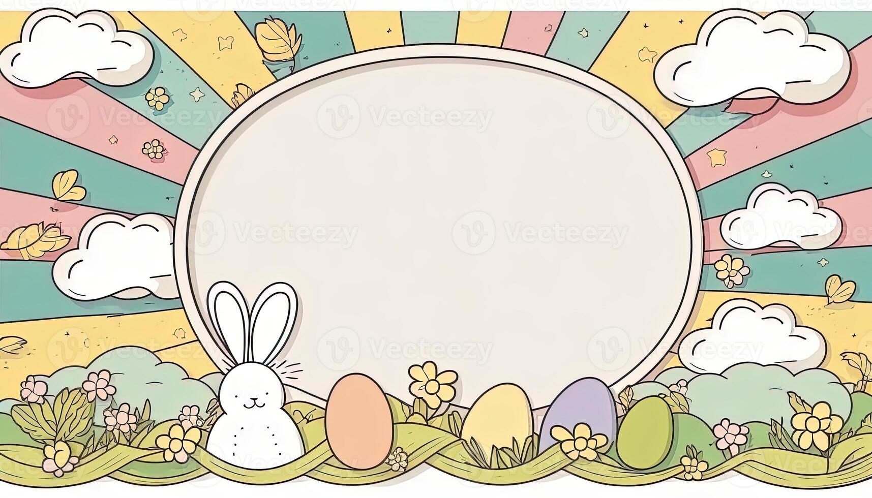 Happy easter greeting card in doodle flat style with egg and minimalistic flat color flowers. Empty Space for your greeting text. . photo