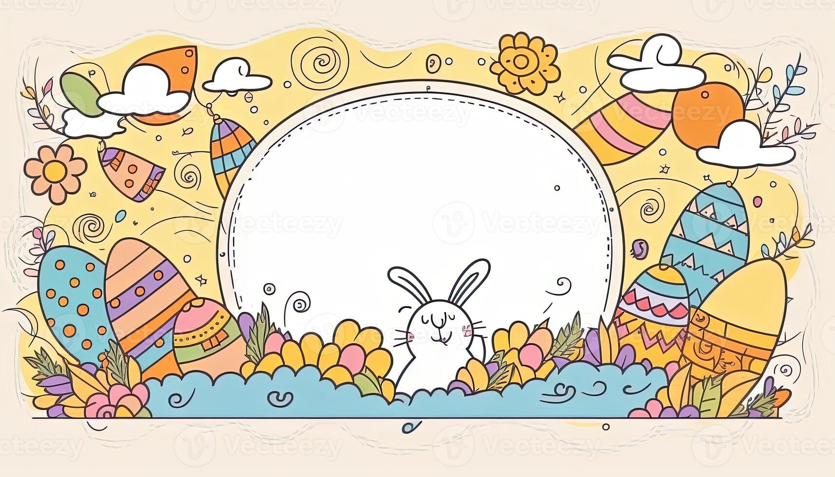 Happy easter greeting card in doodle flat style with egg and minimalistic flat color flowers. Empty Space for your greeting text. . photo