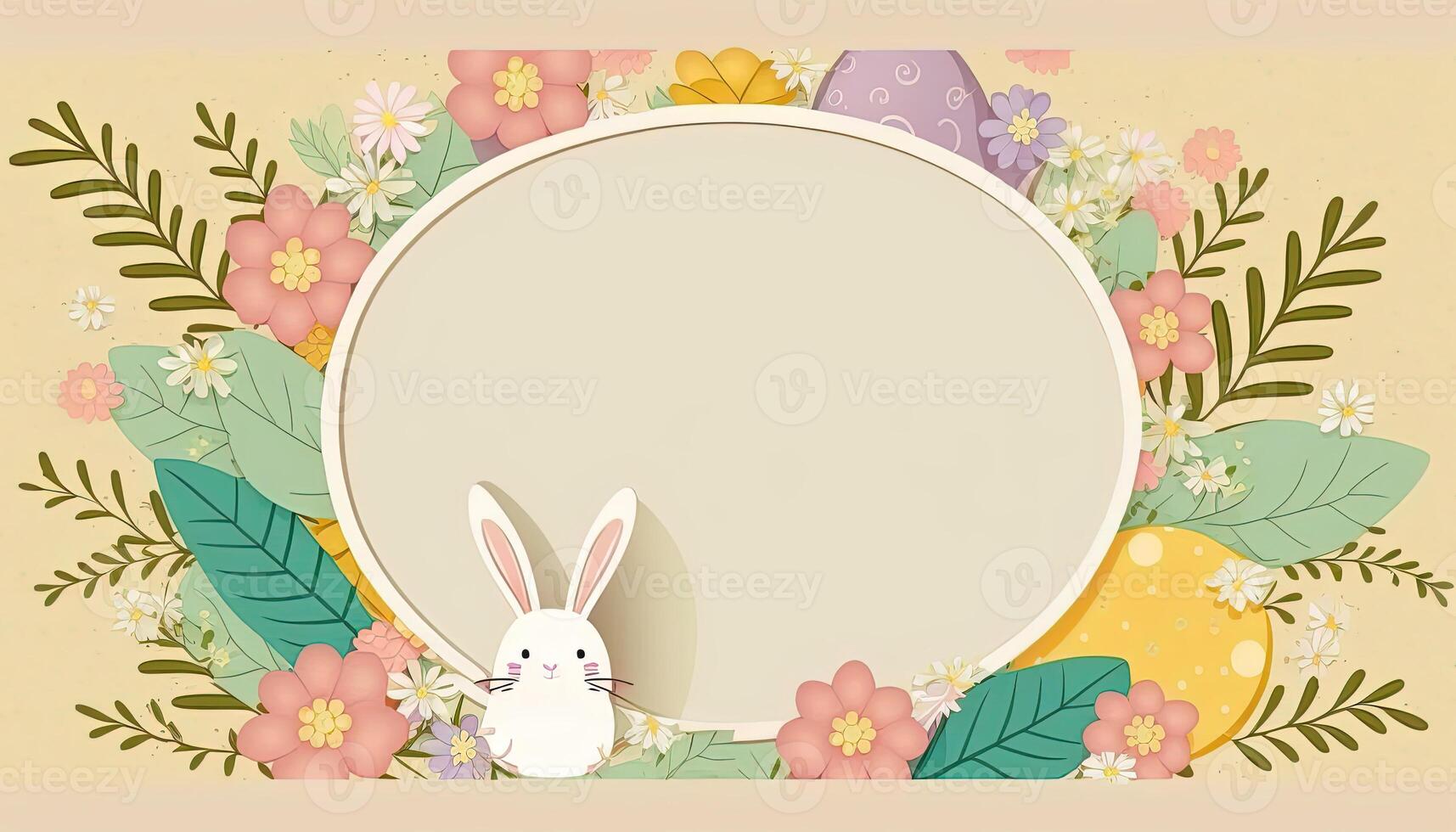 Happy easter greeting card in doodle flat style with egg and minimalistic flat color flowers. Empty Space for your greeting text. . photo