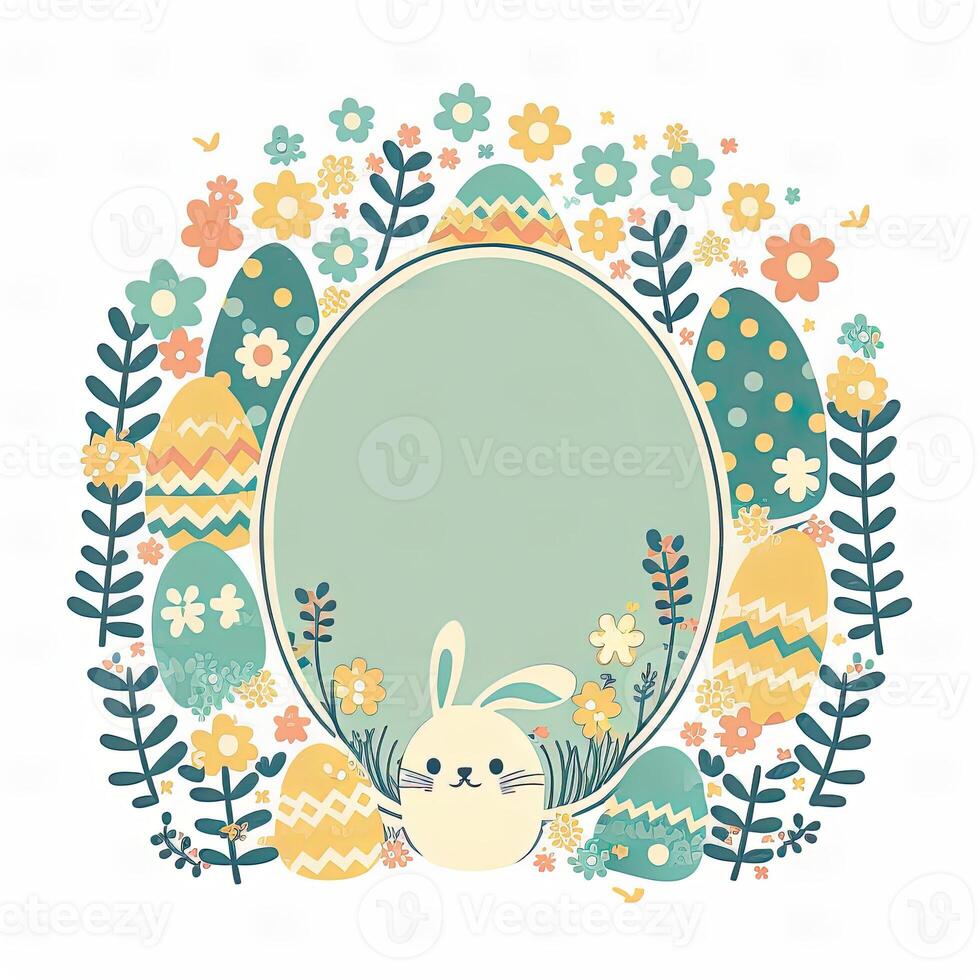 Happy easter greeting card in doodle flat style with egg and minimalistic flat color flowers. Empty Space for your greeting text. . photo