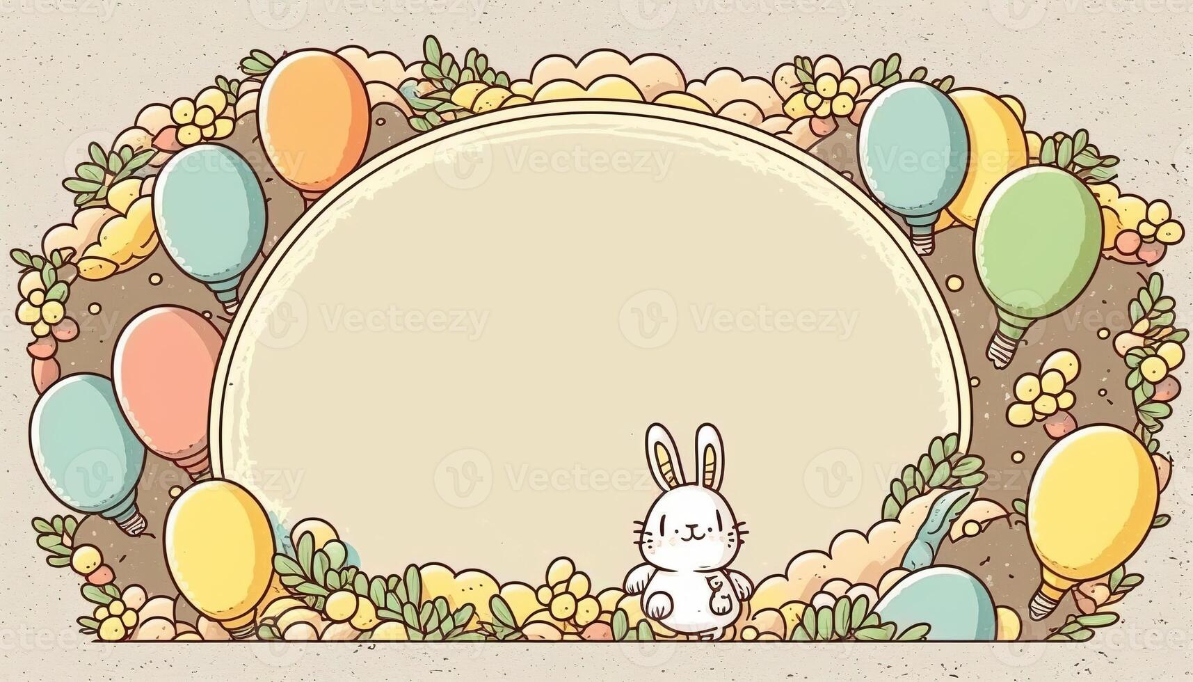 Happy easter greeting card in doodle flat style with egg and minimalistic flat color flowers. Empty Space for your greeting text. . photo