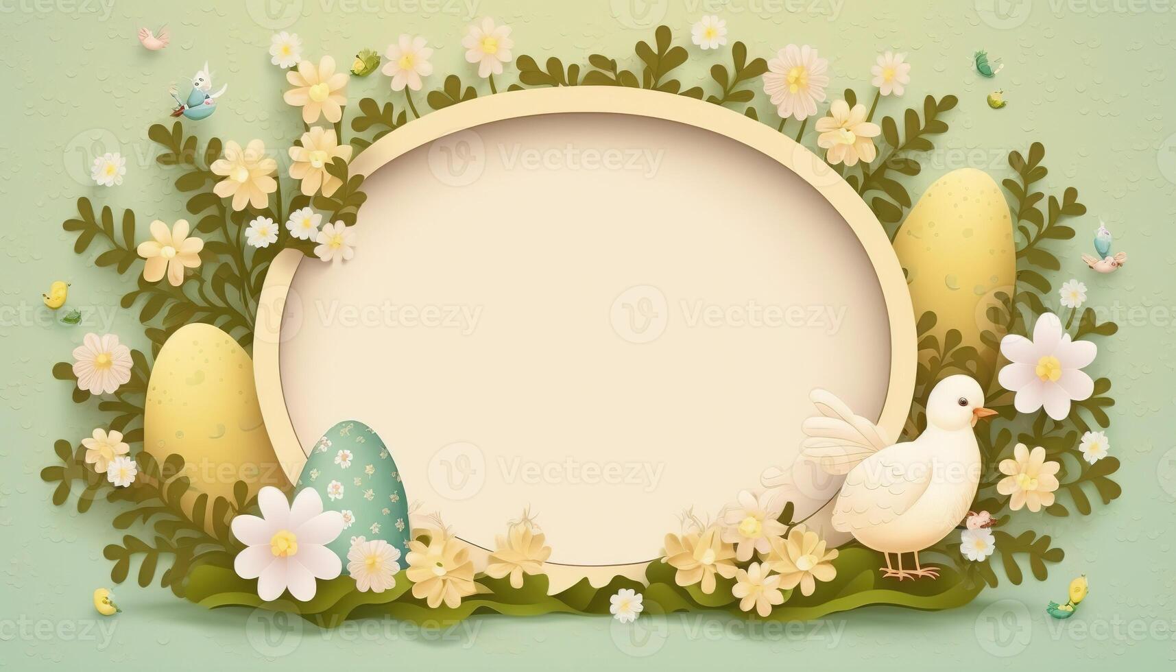 Happy easter greeting card in flat style with egg and minimalistic flat color flowers. Empty Space for your greeting text. . photo
