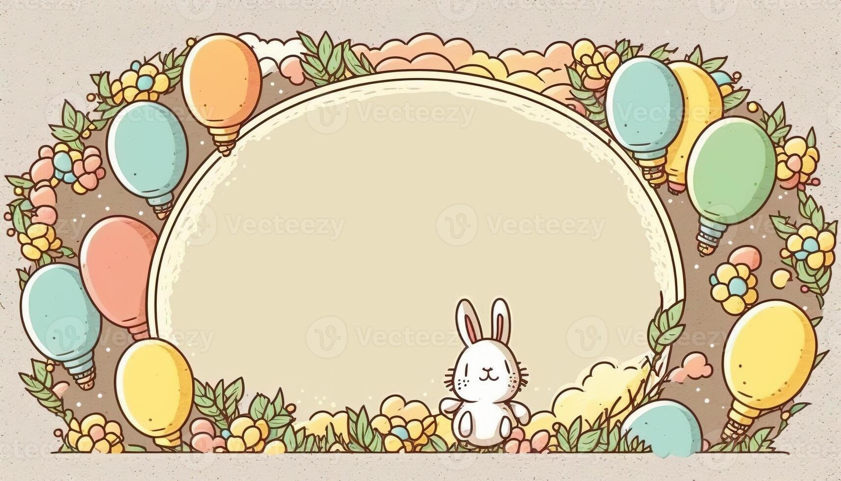 Happy easter greeting card in doodle flat style with egg and minimalistic flat color flowers. Empty Space for your greeting text. . photo