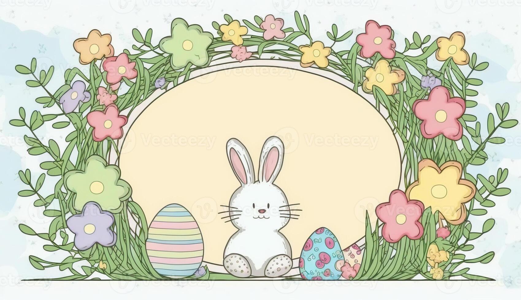 Happy easter greeting card in doodle flat style with egg and minimalistic flat color flowers. Empty Space for your greeting text. . photo