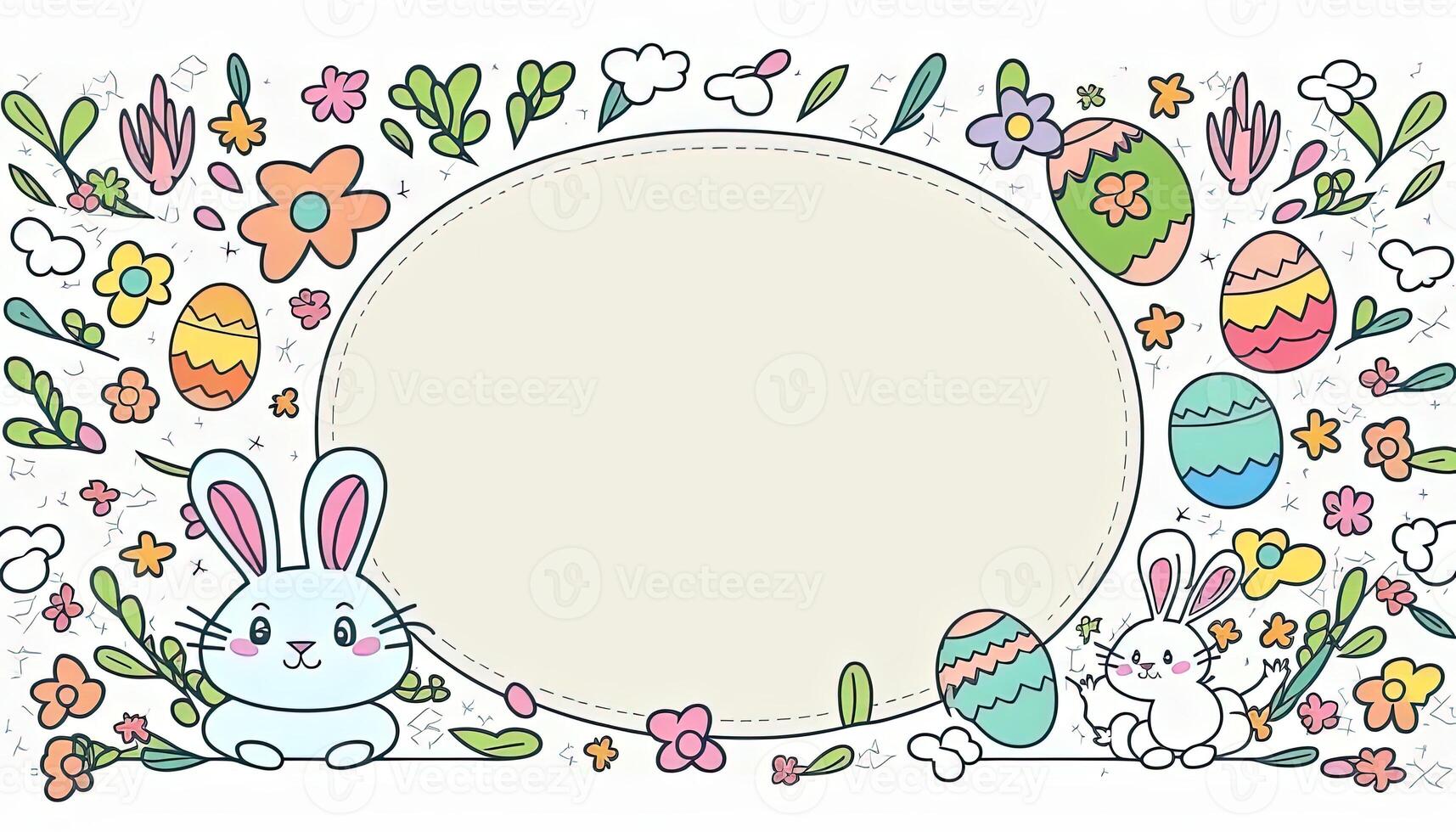 Happy easter greeting card in doodle flat style with egg and minimalistic flat color flowers. Empty Space for your greeting text. . photo