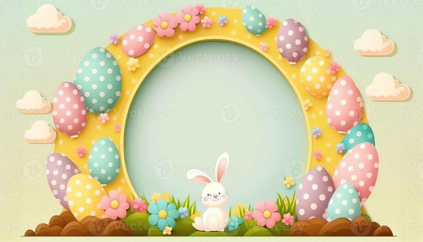 Happy easter greeting card in flat style with egg and minimalistic flat color flowers. Empty Space for your greeting text. . photo