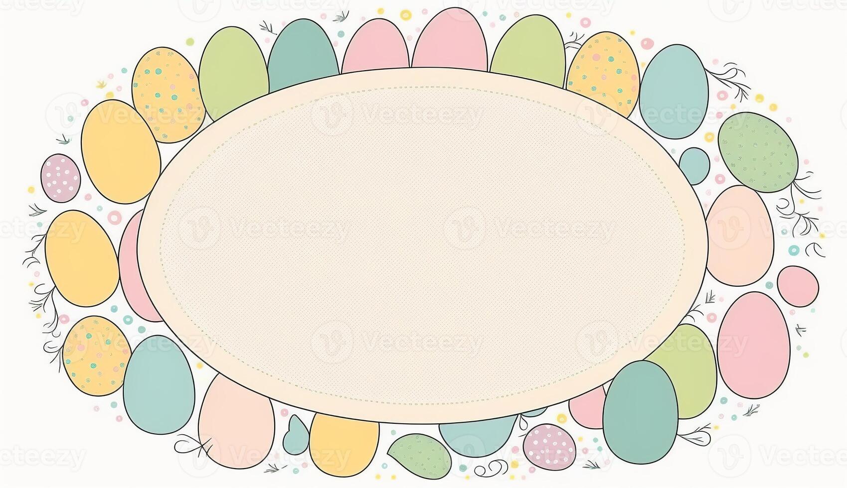 Happy easter greeting card in doodle flat style with egg and minimalistic flat color flowers. Empty Space for your greeting text. . photo