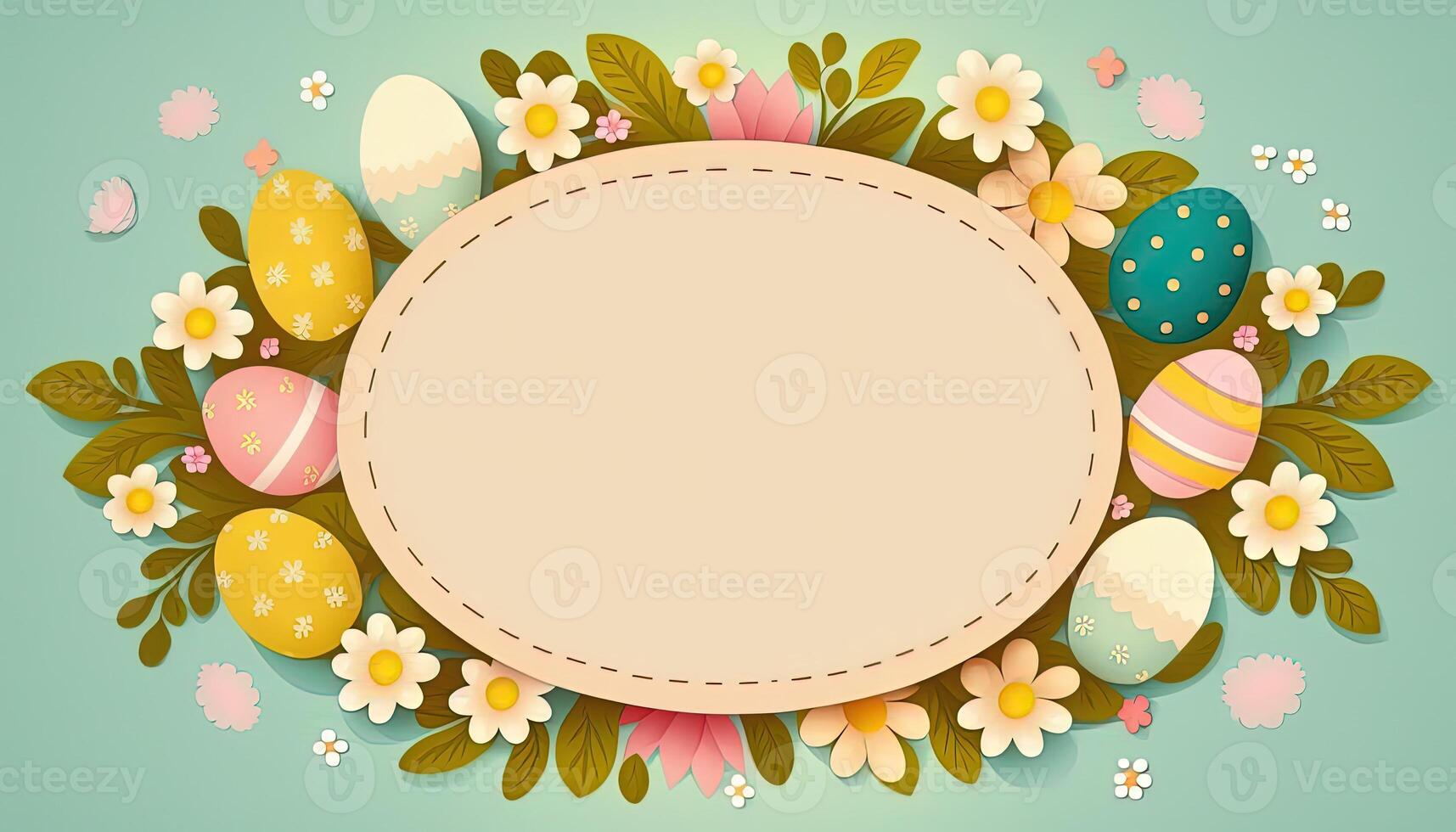 Happy easter greeting card in doodle flat style with egg and minimalistic flat color flowers. Empty Space for your greeting text. . photo