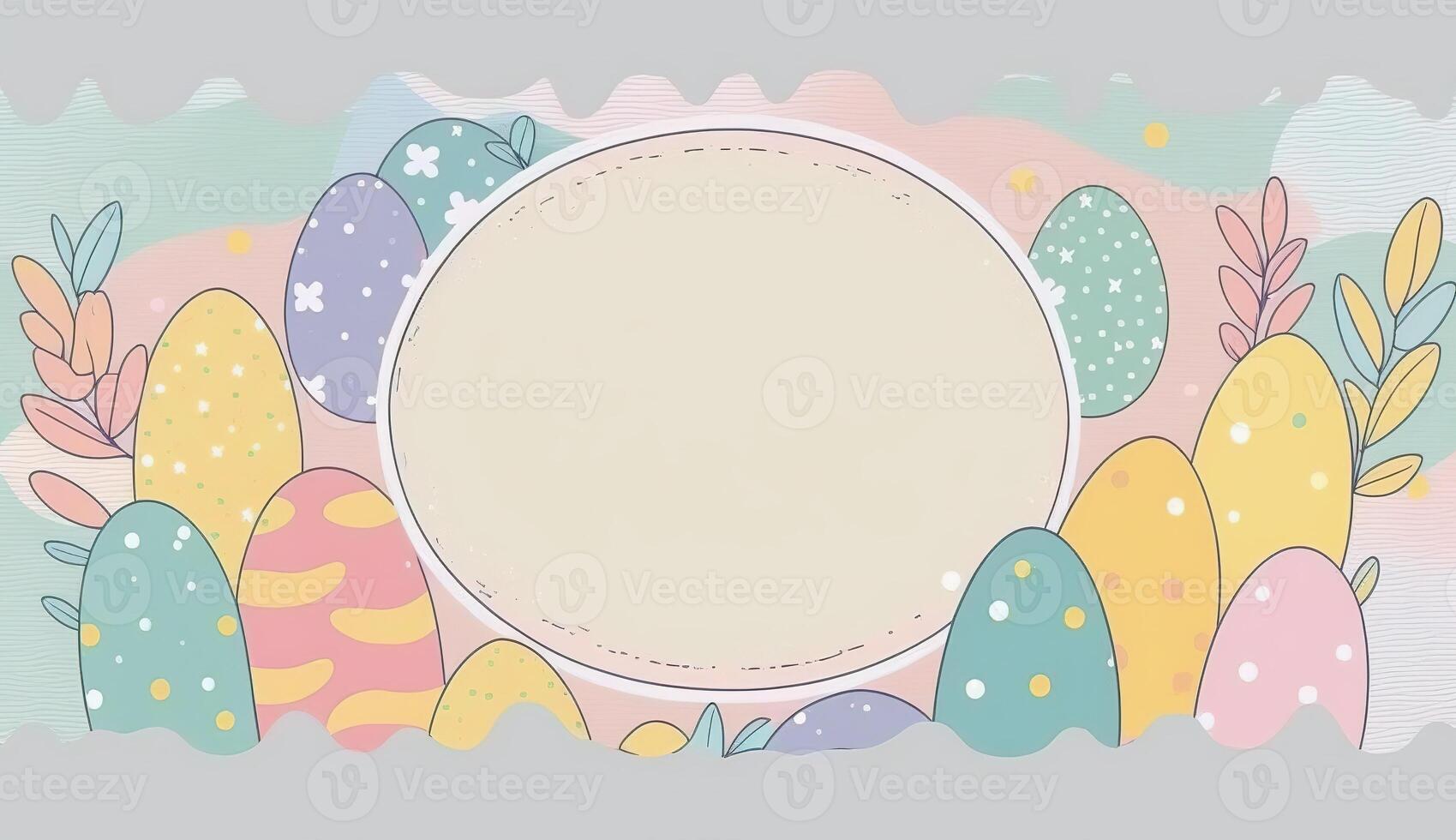 Happy easter greeting card in doodle flat style with egg and minimalistic flat color flowers. Empty Space for your greeting text. . photo