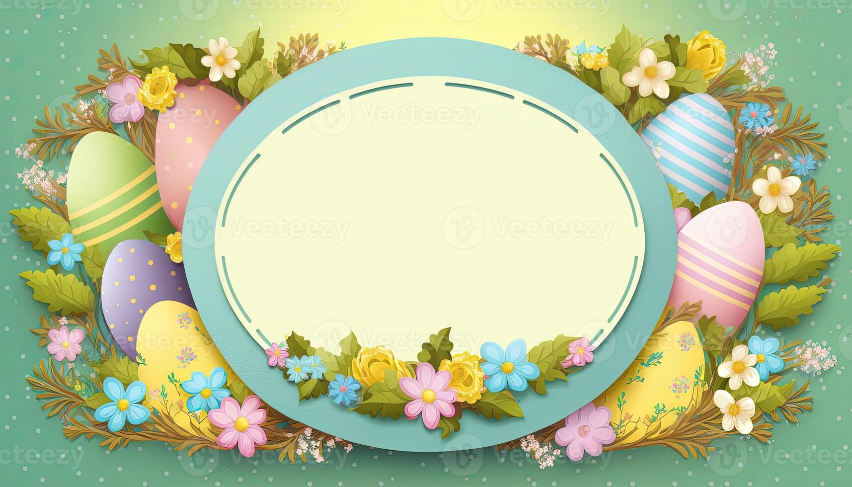 Happy easter greeting card in doodle flat style with egg and minimalistic flat color flowers. Empty Space for your greeting text. . photo