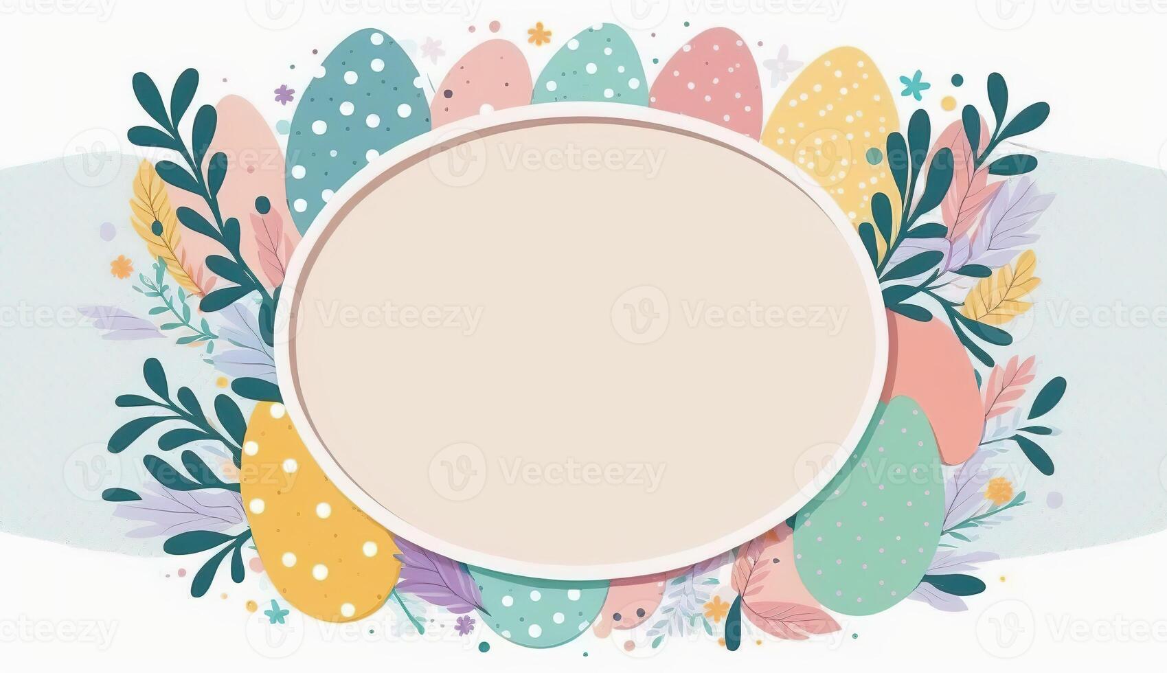 Happy easter greeting card in doodle flat style with egg and minimalistic flat color flowers. Empty Space for your greeting text. . photo