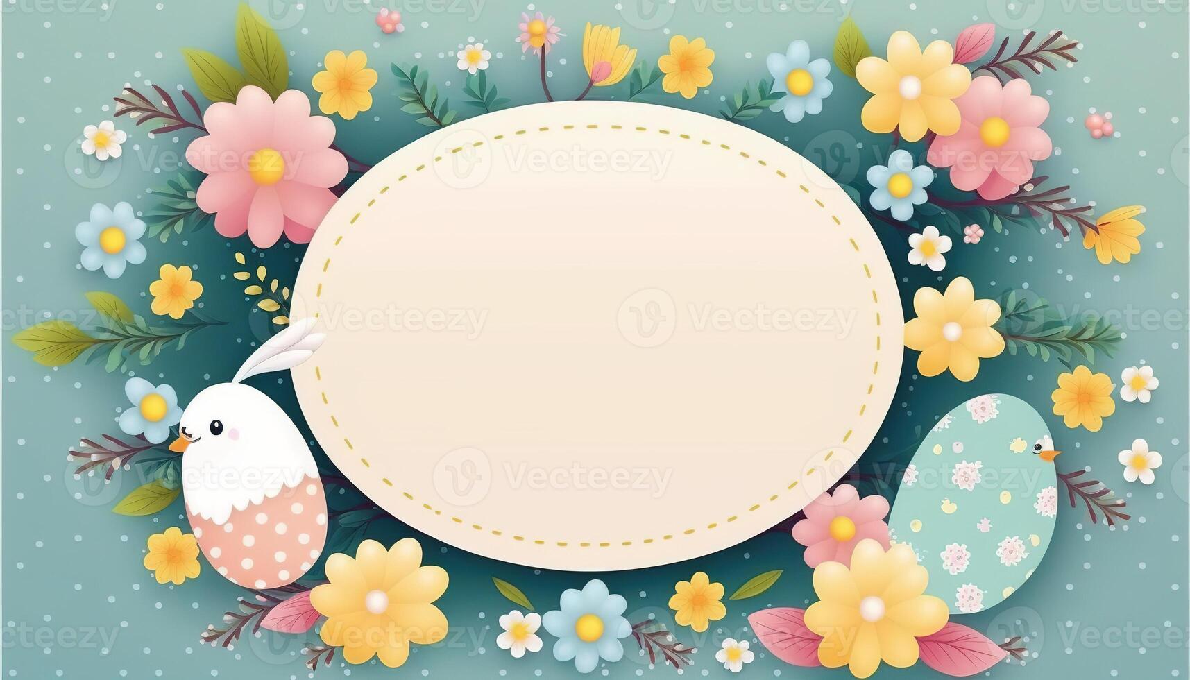 Happy easter greeting card in doodle flat style with egg and minimalistic flat color flowers. Empty Space for your greeting text. . photo