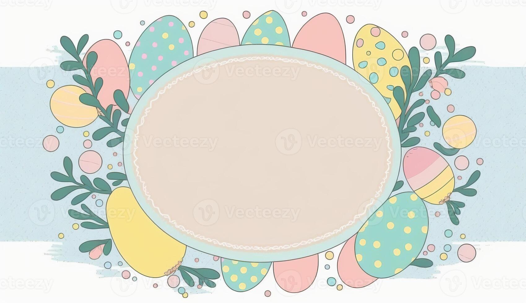 Happy easter greeting card in doodle flat style with egg and minimalistic flat color flowers. Empty Space for your greeting text. . photo