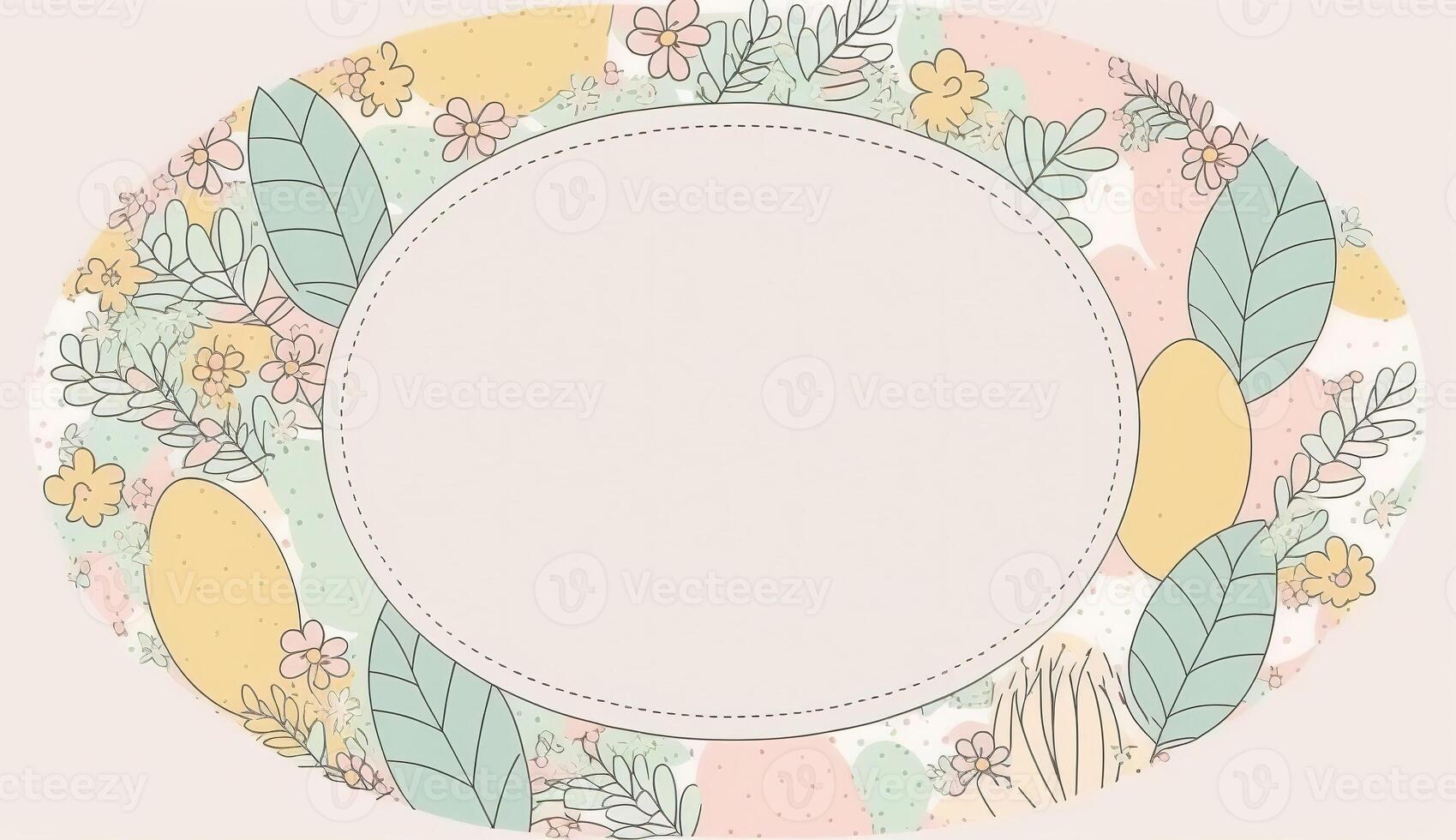 Happy easter greeting card in doodle flat style with egg and minimalistic flat color flowers. Empty Space for your greeting text. . photo