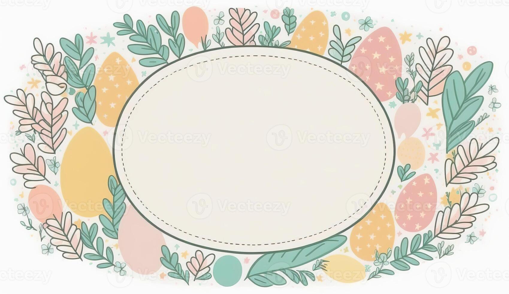 Happy easter greeting card in doodle flat style with egg and minimalistic flat color flowers. Empty Space for your greeting text. . photo