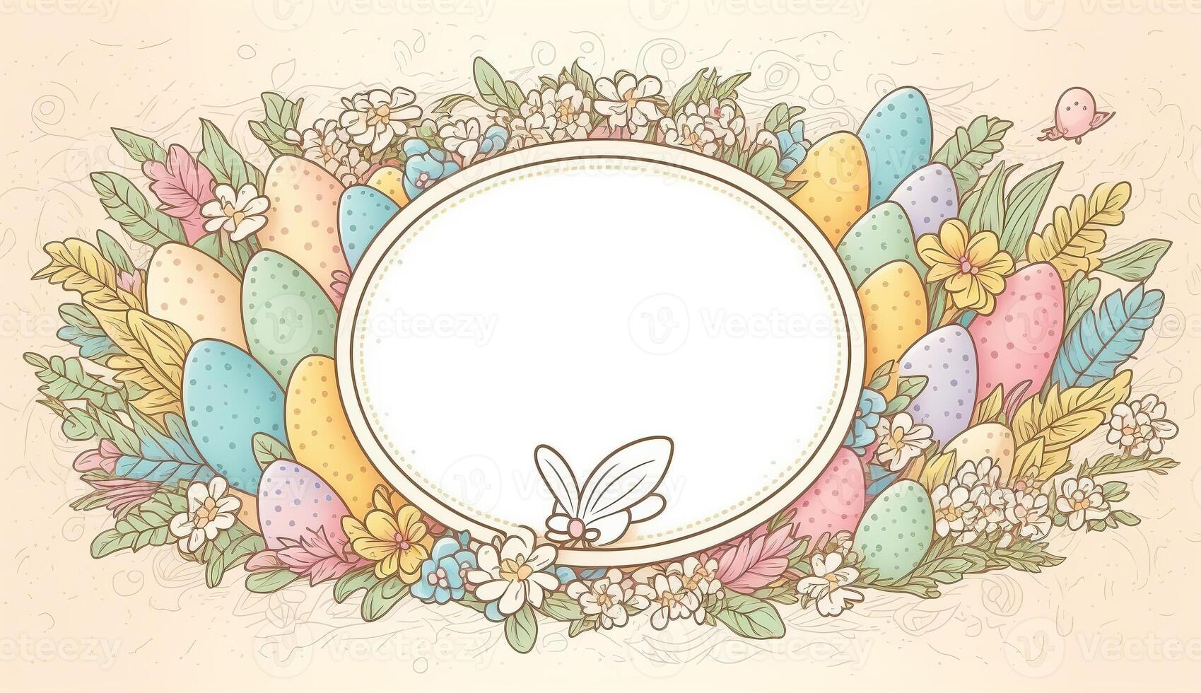 Happy easter greeting card in doodle flat style with egg and minimalistic flat color flowers. Empty Space for your greeting text. . photo