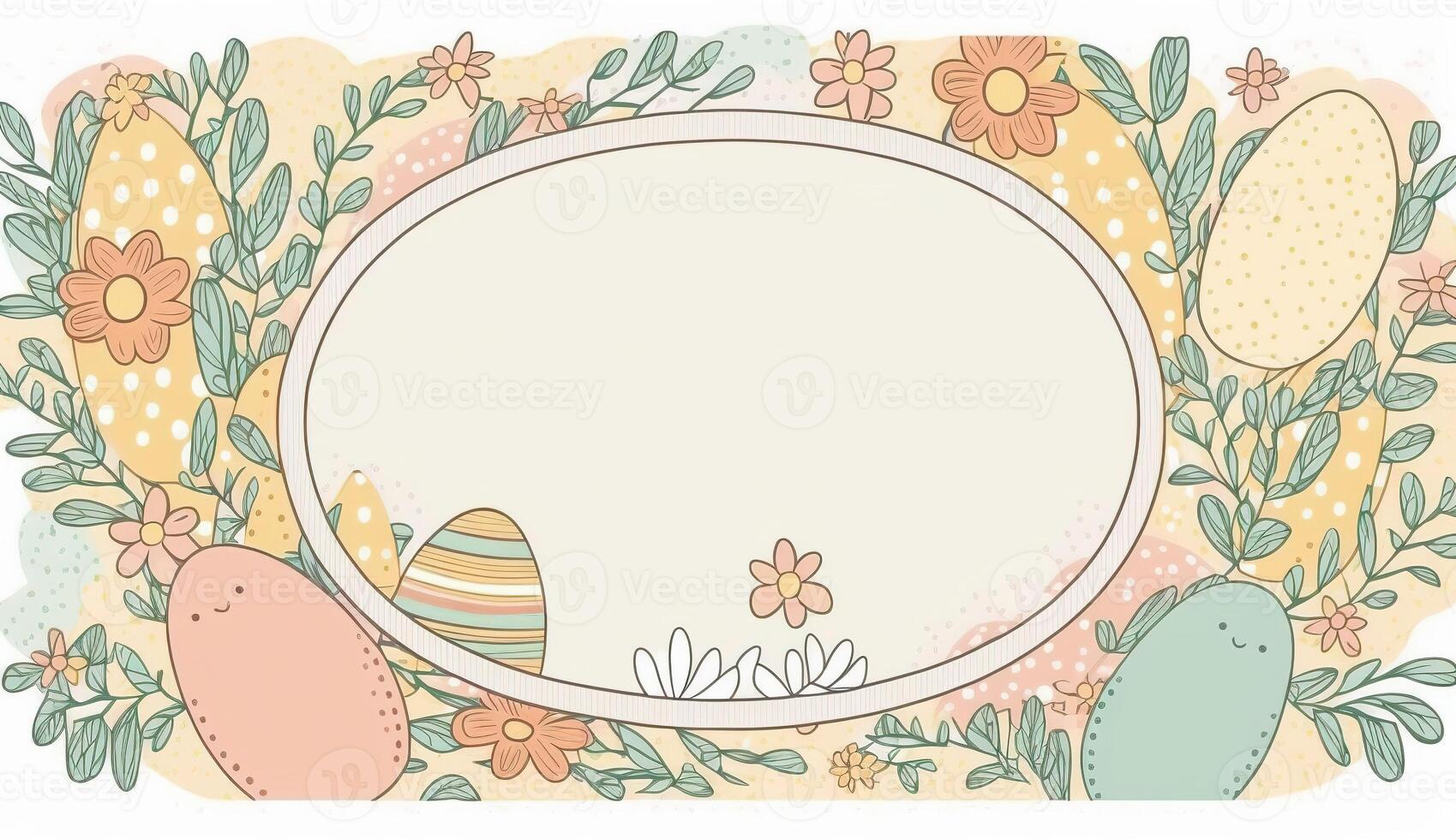 Happy easter greeting card in doodle flat style with egg and minimalistic flat color flowers. Empty Space for your greeting text. . photo