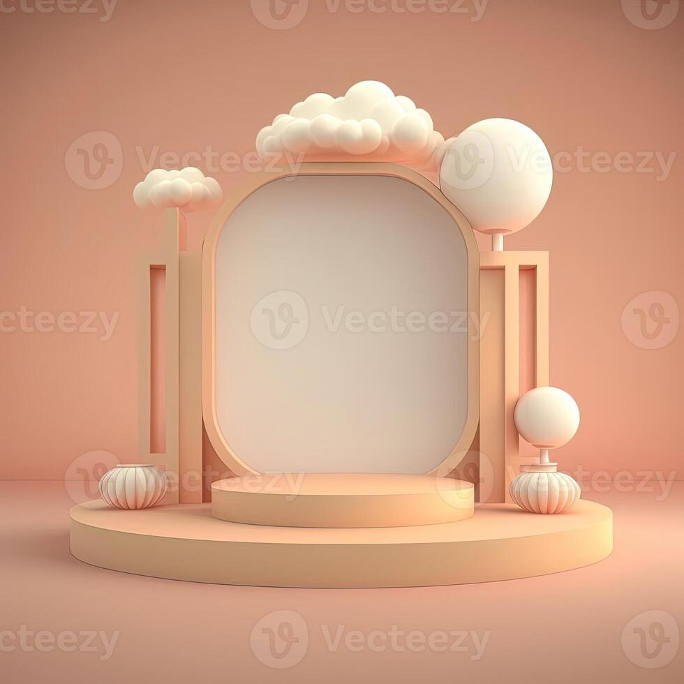 Biege 3d round podium with cloud. Empty space for text. . photo