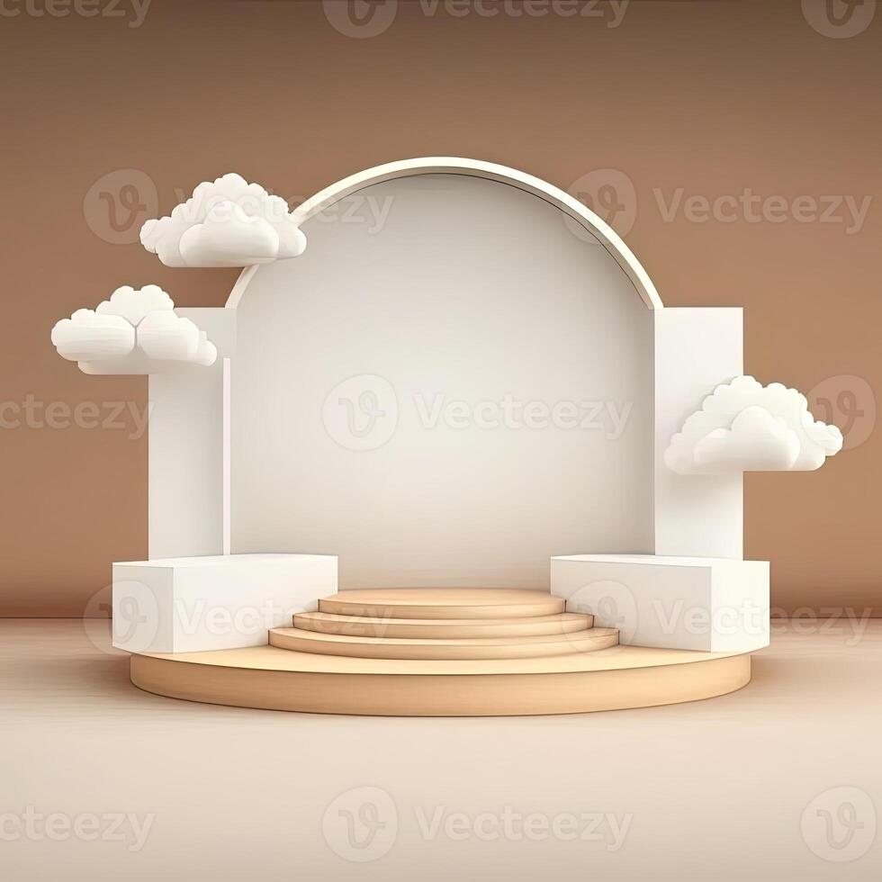 Biege 3d round podium with cloud. Empty space for text. . photo