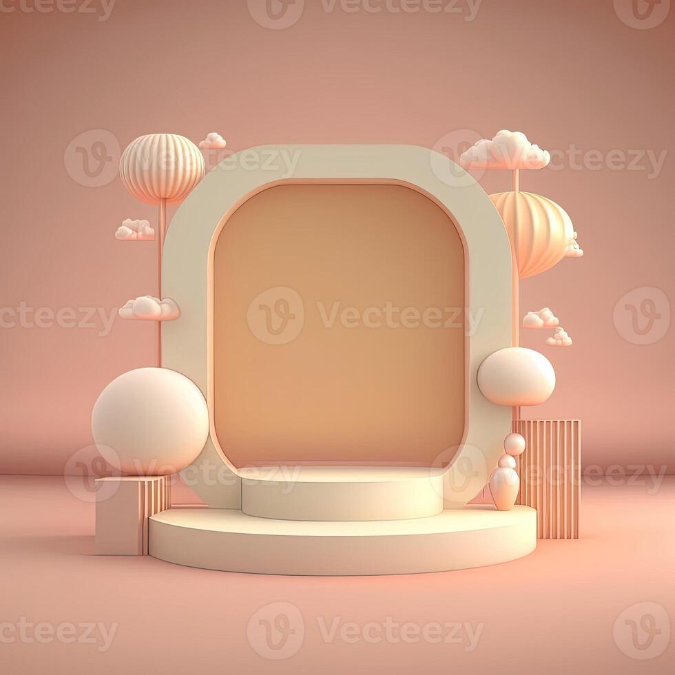Biege 3d round podium with cloud. Empty space for text. . photo