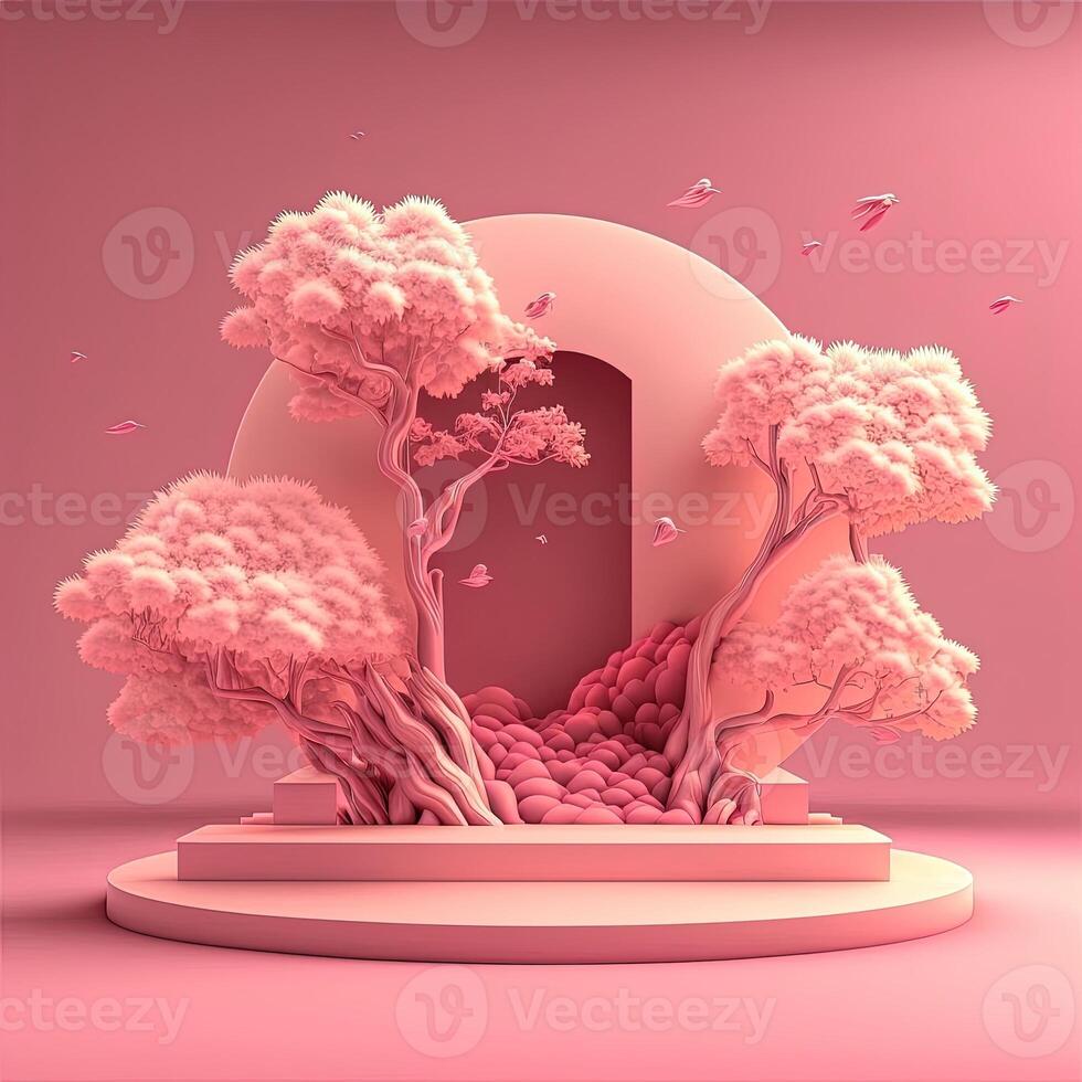 Podium with cherry blossoms. abstract pink decoration 3D style. photo